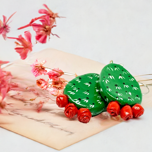 Marvelous Handpainted Cactus Clay Earrings. Fresh green and Vivid Red desert cactus flowers. Mexican earrings for women and girls. Mexican jewelry. Mexico folk art. Great Gift idea for Frida Kahlo fans, fridamaniacs, fridamania, fridalovers