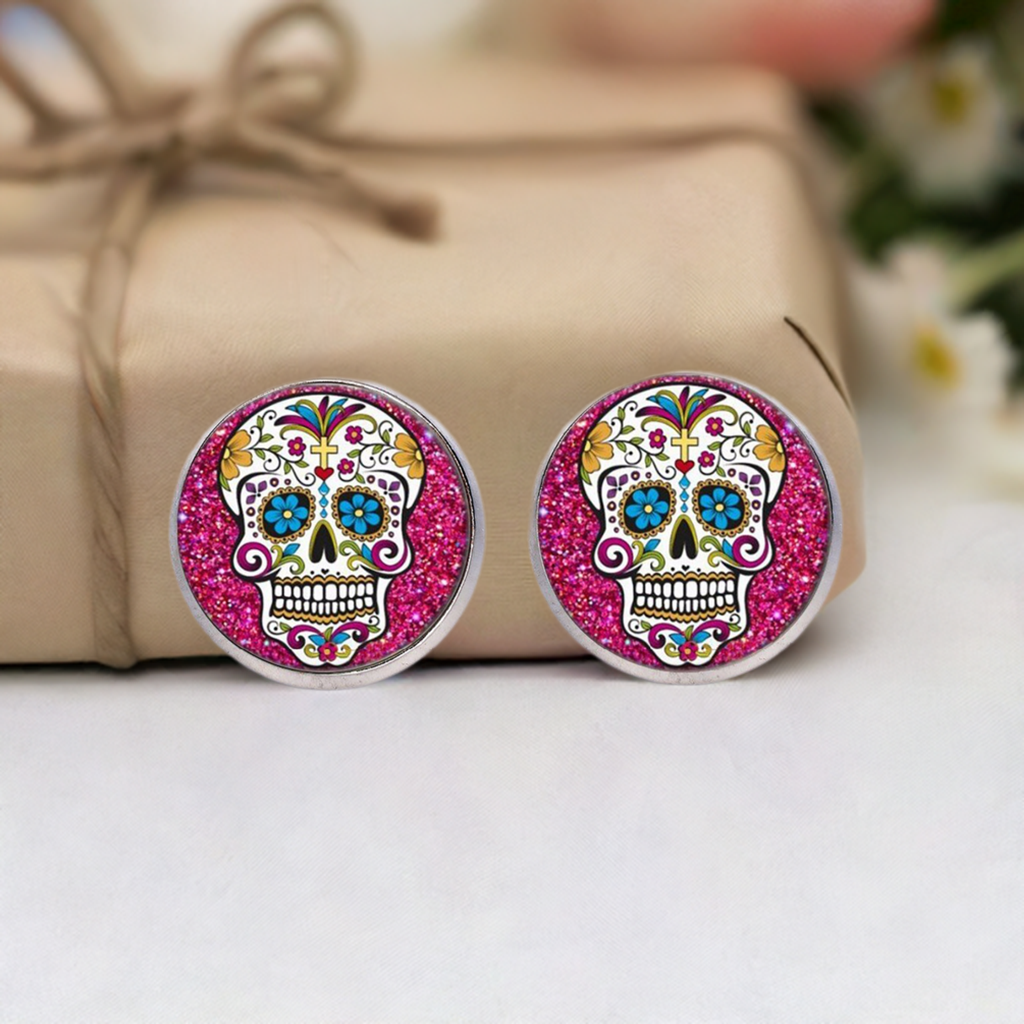 Mexican sugar skull cabochon stud earrings for girls. Original and cute gift idea.