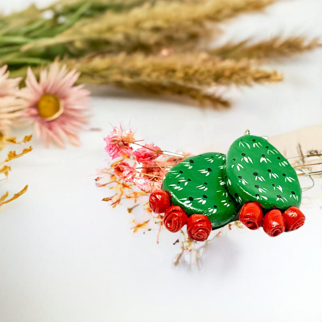 Marvelous Handpainted Cactus Clay Earrings. Fresh green and Vivid Red desert cactus flowers. Mexican earrings for women and girls. Mexican jewelry. Mexico folk art. Great Gift idea for Frida Kahlo fans, fridamaniacs, fridamania, fridalovers