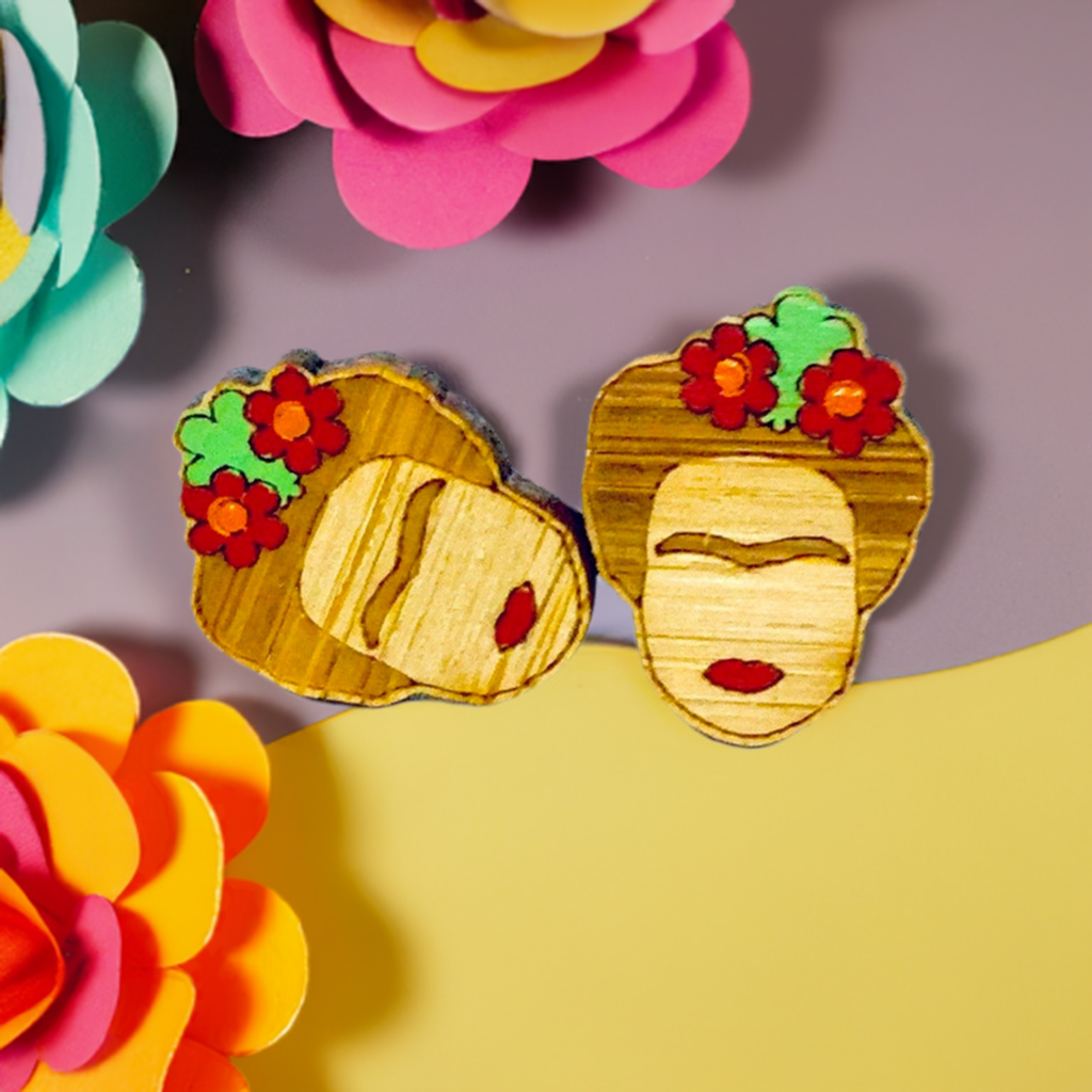 Floral Mini Bamboo Frida Kahlo inspired handpainted bamboo stud earrings with red flowers, green leaves, iconic eyebrows, and red lips for fridamaniacs, fridalovers, fridamania, frida fans girls. Cool gift idea. Mexican earrings. Mexican jewelry. Cute and original women jewelry accessories.