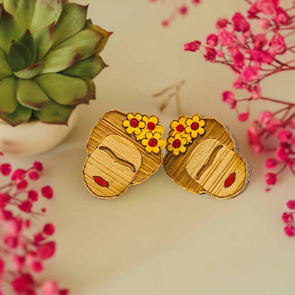 Hand painted bamboo wood Frida Kahlo earrings for girls with red lips and yellow flowers. Laser cut wood by Fridamaniacs. Fridamania. Fridalovers. Mexicaniacs. Mexican earrings. Mexican jewelry. Cute gift idea for young girls