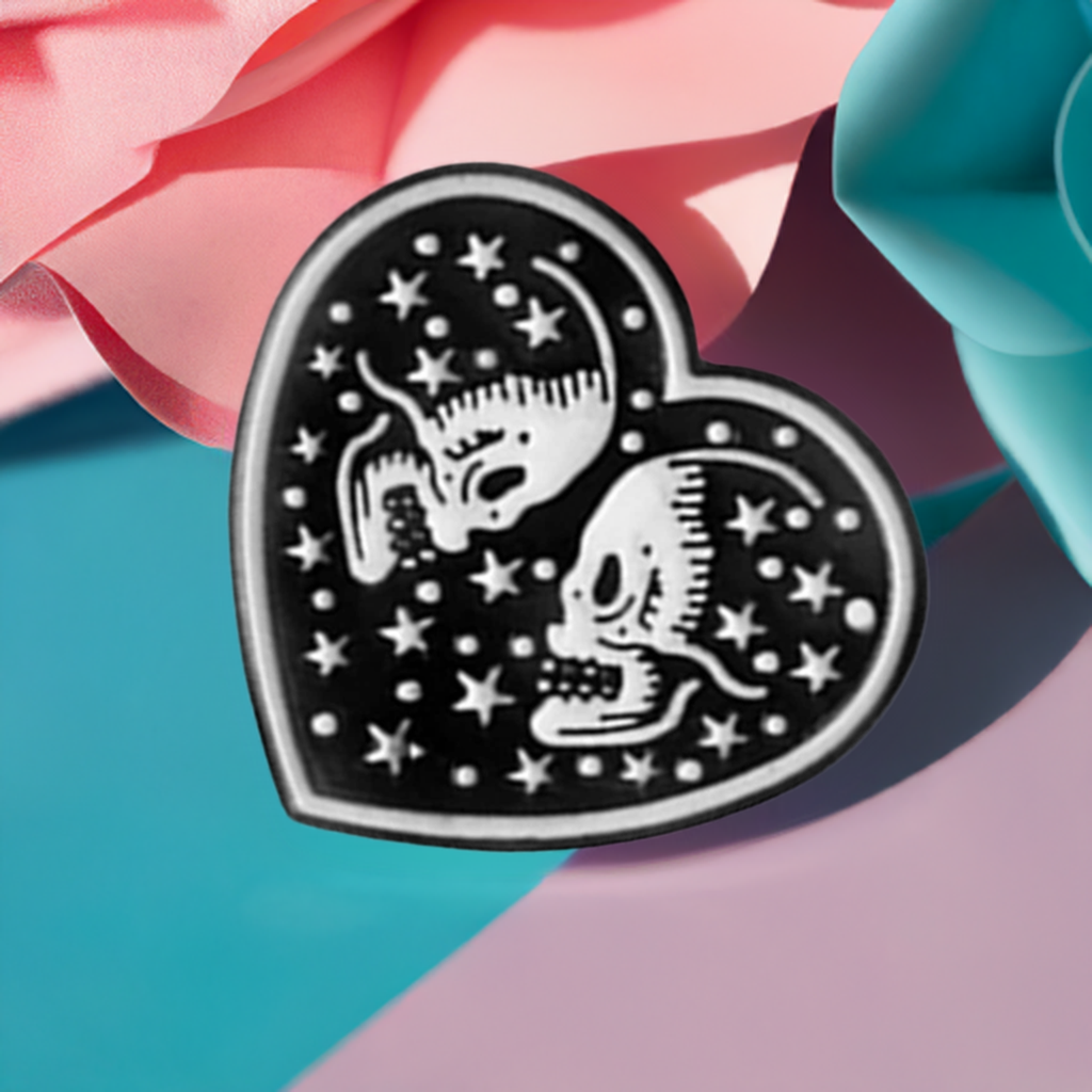 Black Heart with two white skull lovers and stars. Love to die for. Enamel pin back button by Calacamaia. Skull Jewelry accessory