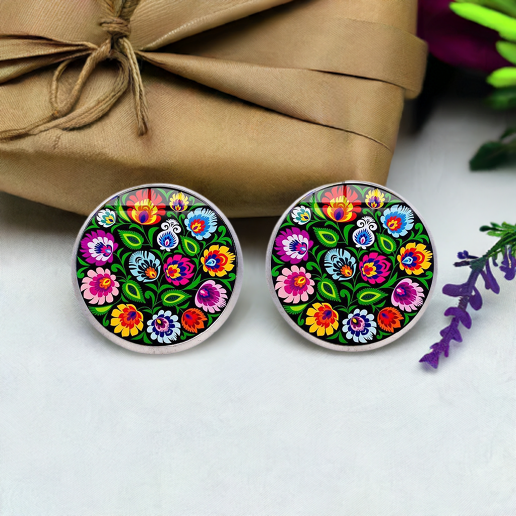 Colorful Mexican earrings with floral design. Multicolored flowers and green leaves. Silver stud earrings for women and girls.