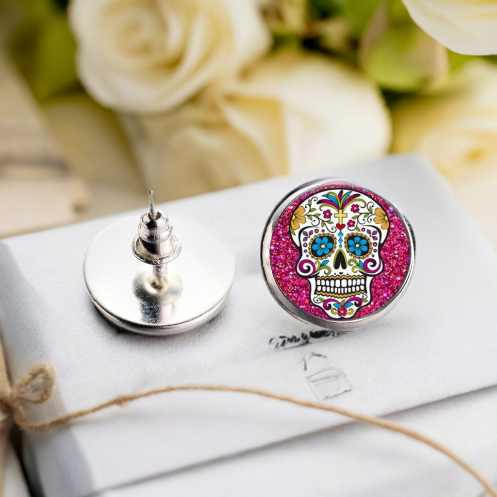 Mexican sugar skull cabochon stud earrings for girls. Original and cute gift idea.