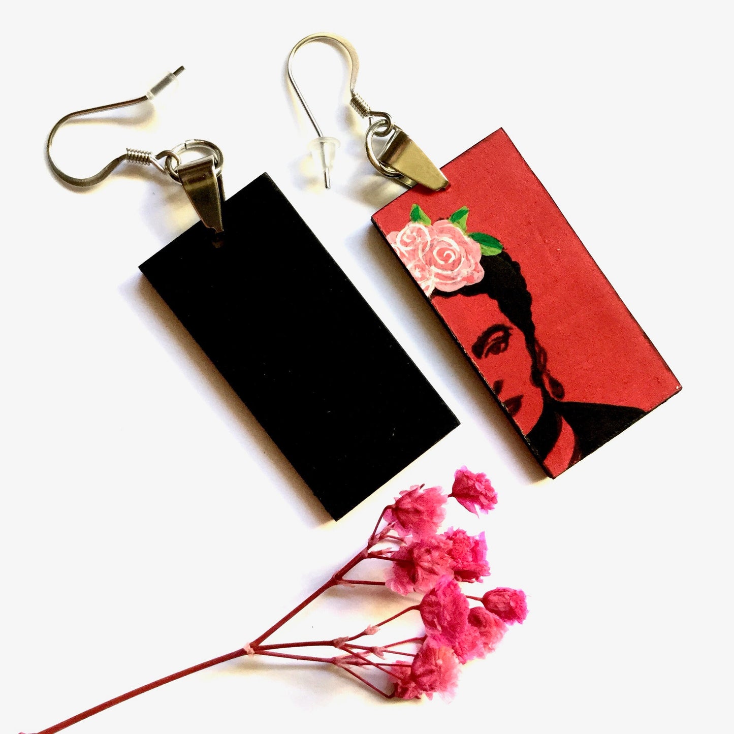 Red Stencil Frida Earrings Artwear Frida Inspired Earrings Hand Painted Wooden Dangle Drop Earrings Mexican Jewelry Fridalovers Wearable Art
