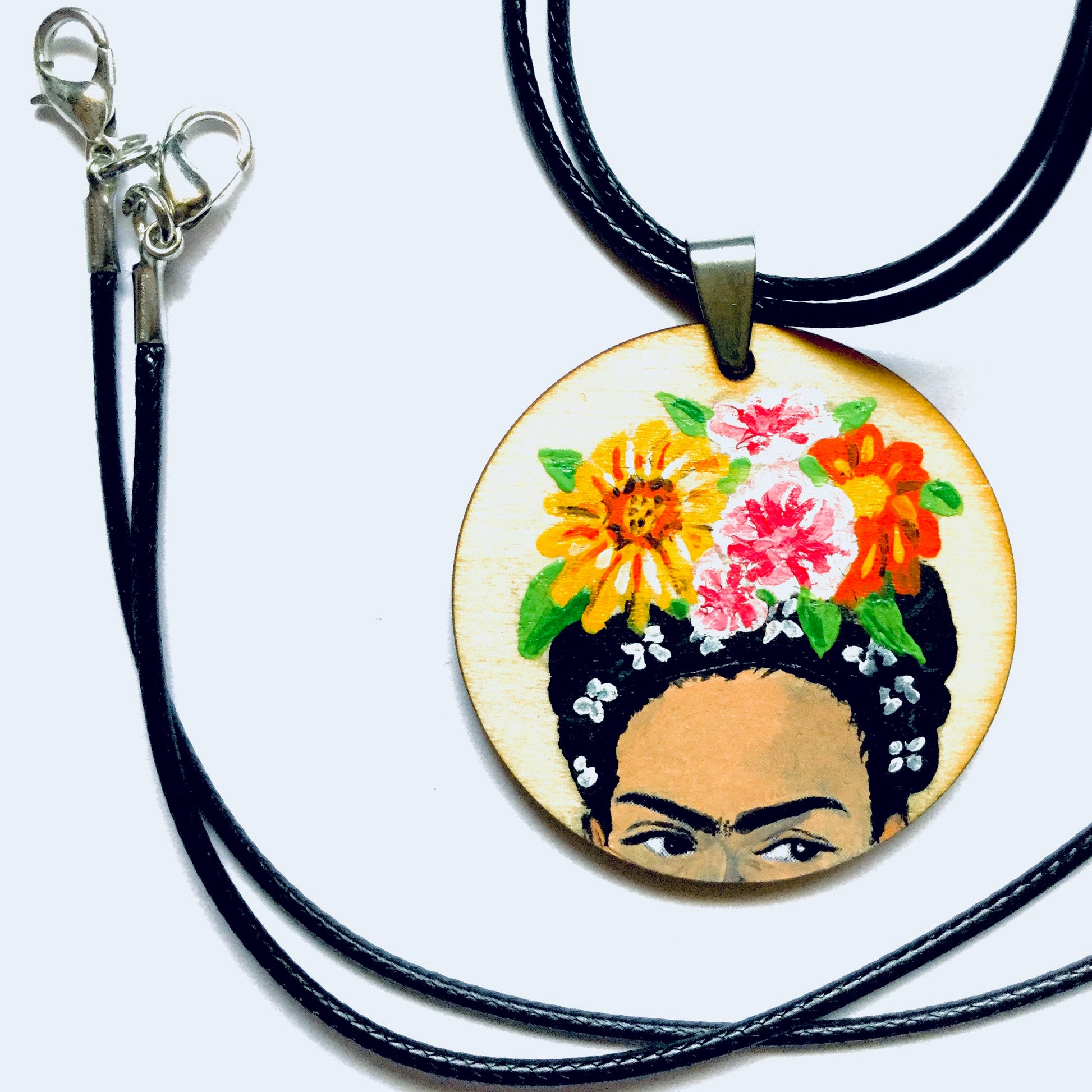 Floral Frida Pendant Necklace Hand Painted Wooden Floral Pendant Mexican Jewelry Girl Pendant Frida Artwear Wearable Art Frida Inspired Art