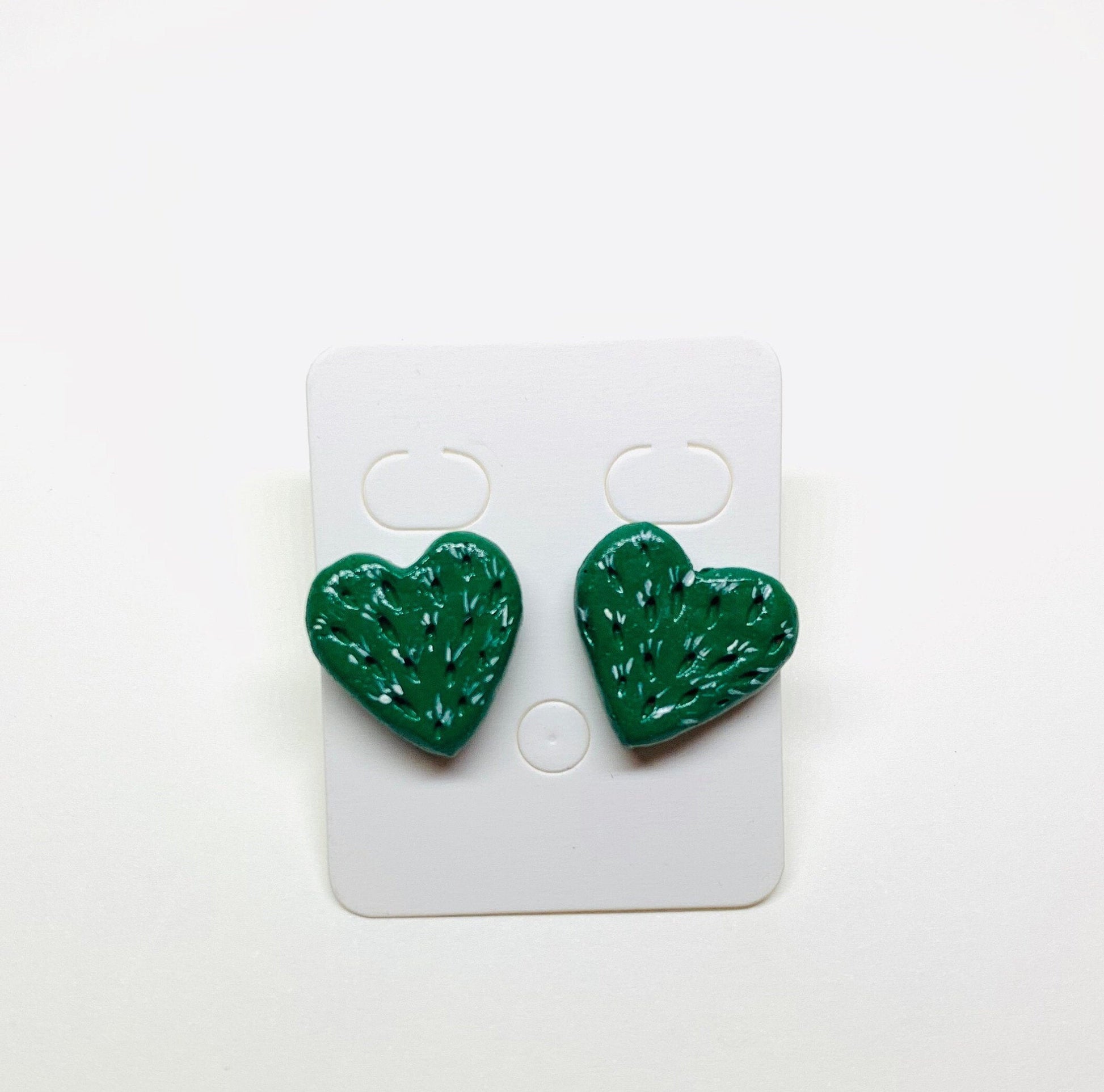 Lovely Multi-Punctured-Carved Cactus Heart Stud Earrings Clay Jewelry Mexico Folk ArtToWear Birthday Gift Idea Girls Women Claywelry Aretes