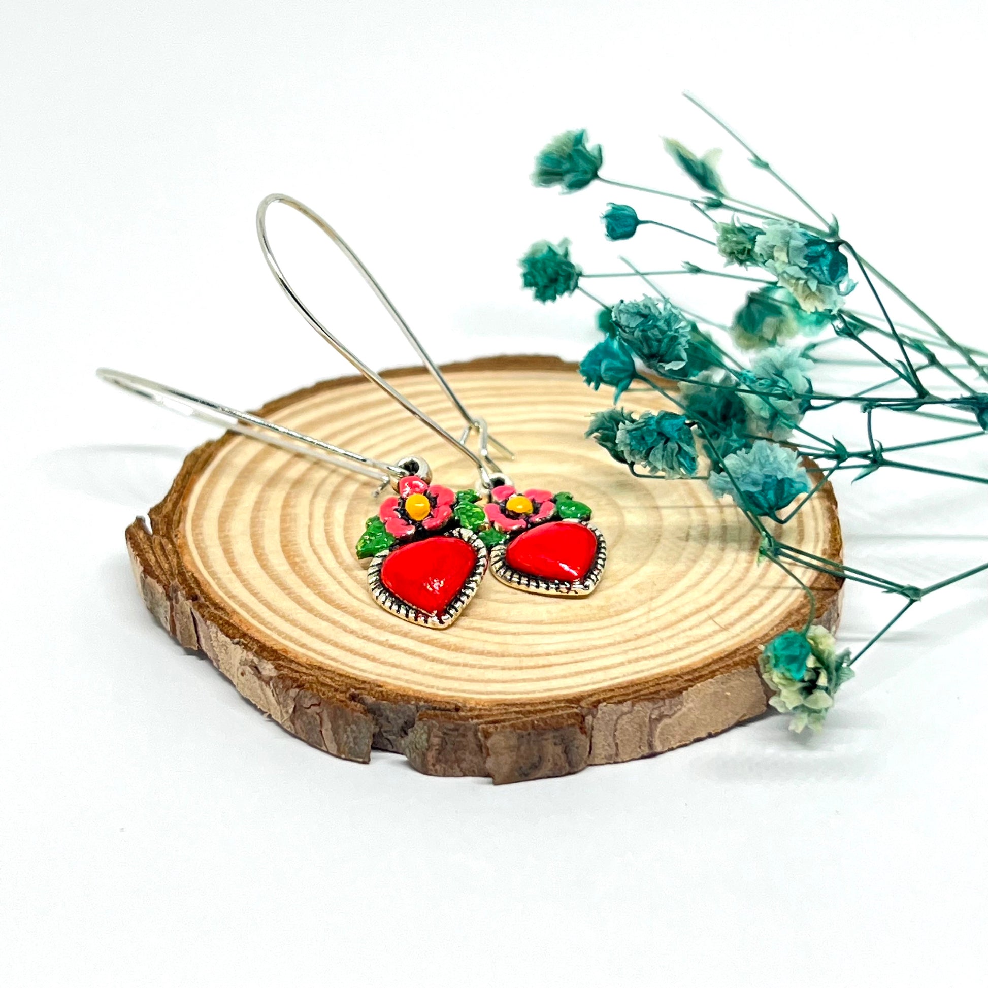 Silver Plated Long Kidney Ear Wires Heart Earrings HandPainted Vintage Style Flowered Hearts Cute Original Girl Woman Gift for Her Christmas