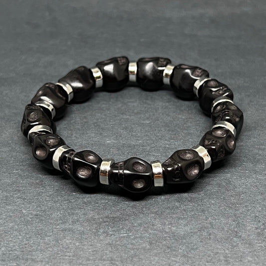 Black Skull Beaded Bracelet Silver Tone Disk Beads Unisex Elastic Wristband Jewelry Day Dead Fashion Halloween Gift Mexico Calavera Pulsera