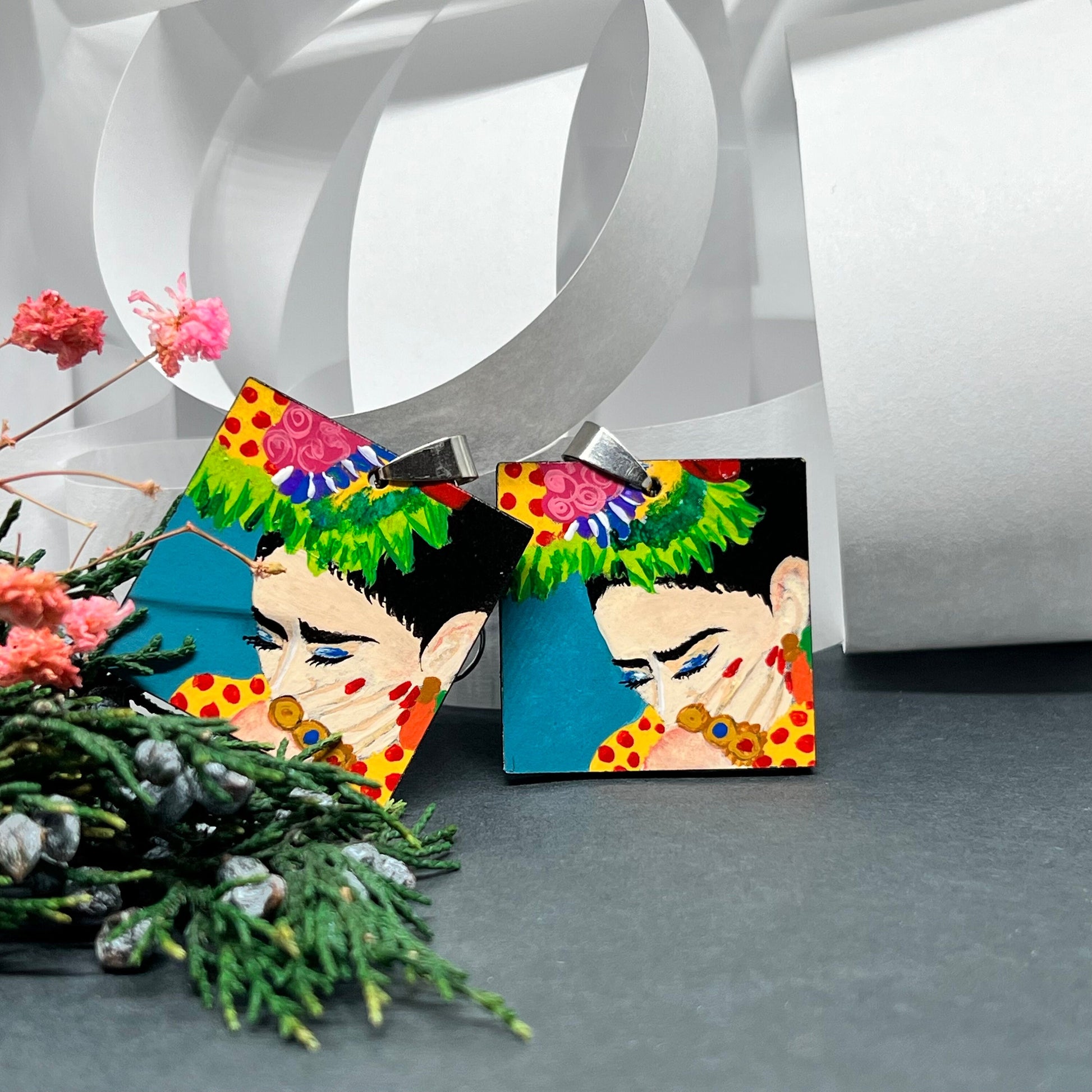 Colorful Frida Earrings Hand Painted Wood Original Wearable Art Bohemian Mexican Jewelry Pretty Woman & Girl Birthday Gift Christmas Mexico