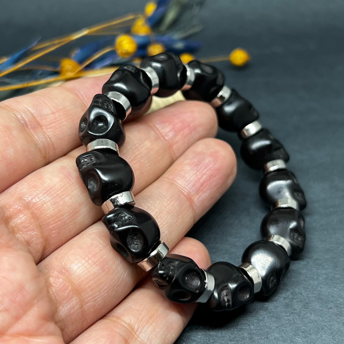 Black Skull Beaded Bracelet with Metallic Silver Steel Tone Beads Wristband Man Jewelry Men's Casual Fashion Day of the Dead Halloween Gift