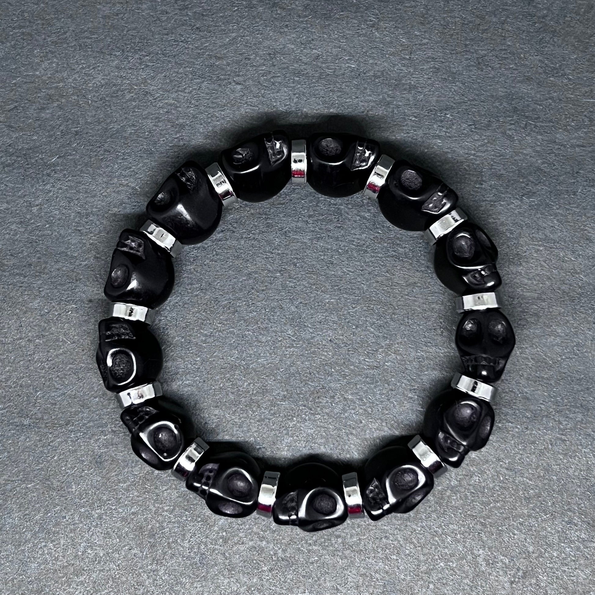 Black Skull Beaded Bracelet with Metallic Silver Steel Tone Beads Wristband Man Jewelry Men's Casual Fashion Day of the Dead Halloween Gift
