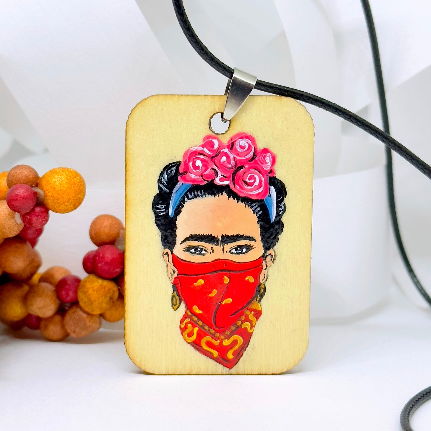 Rebel Frida Inspired Handpainted Wooden Pendant Necklace Fridalovers Art To Wear Fashion Feminist Mexican Artist Portrait Bohemian Accessory