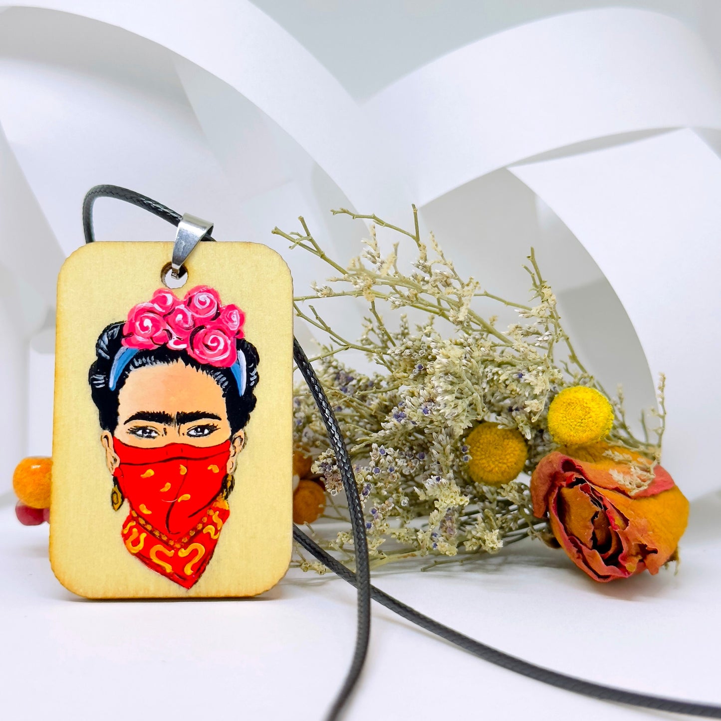 Rebel Frida Inspired Handpainted Wooden Pendant Necklace Fridalovers Art To Wear Fashion Feminist Mexican Artist Portrait Bohemian Accessory