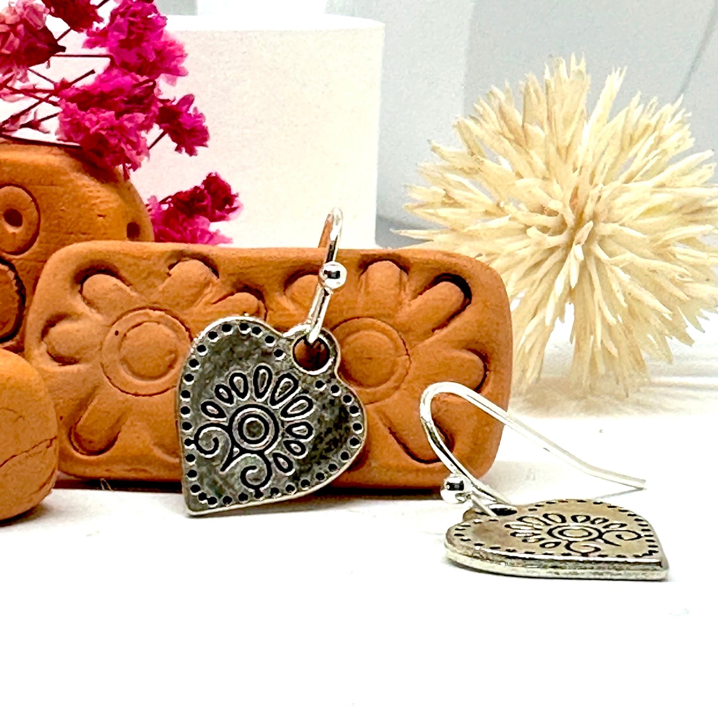 Dainty Carved Heart Earrings Flower Designs Flowered Heart Earrings Floral Design Motifs Ancient Mexico Pre-Columbian Mexican Silver Jewelry