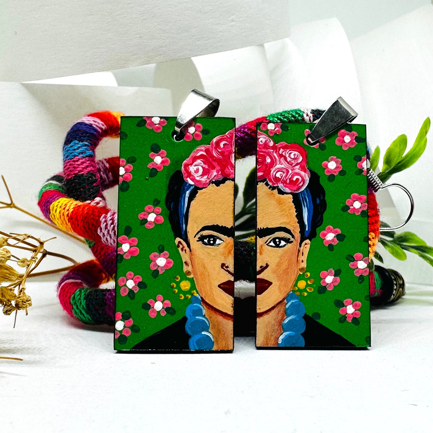 Cool Frida Inspired Earrings Hand Painted Artfully Designed Mexican Jewelry Mexico Folk Art to Wear Wooden Rectangular Asymmetrical Earrings