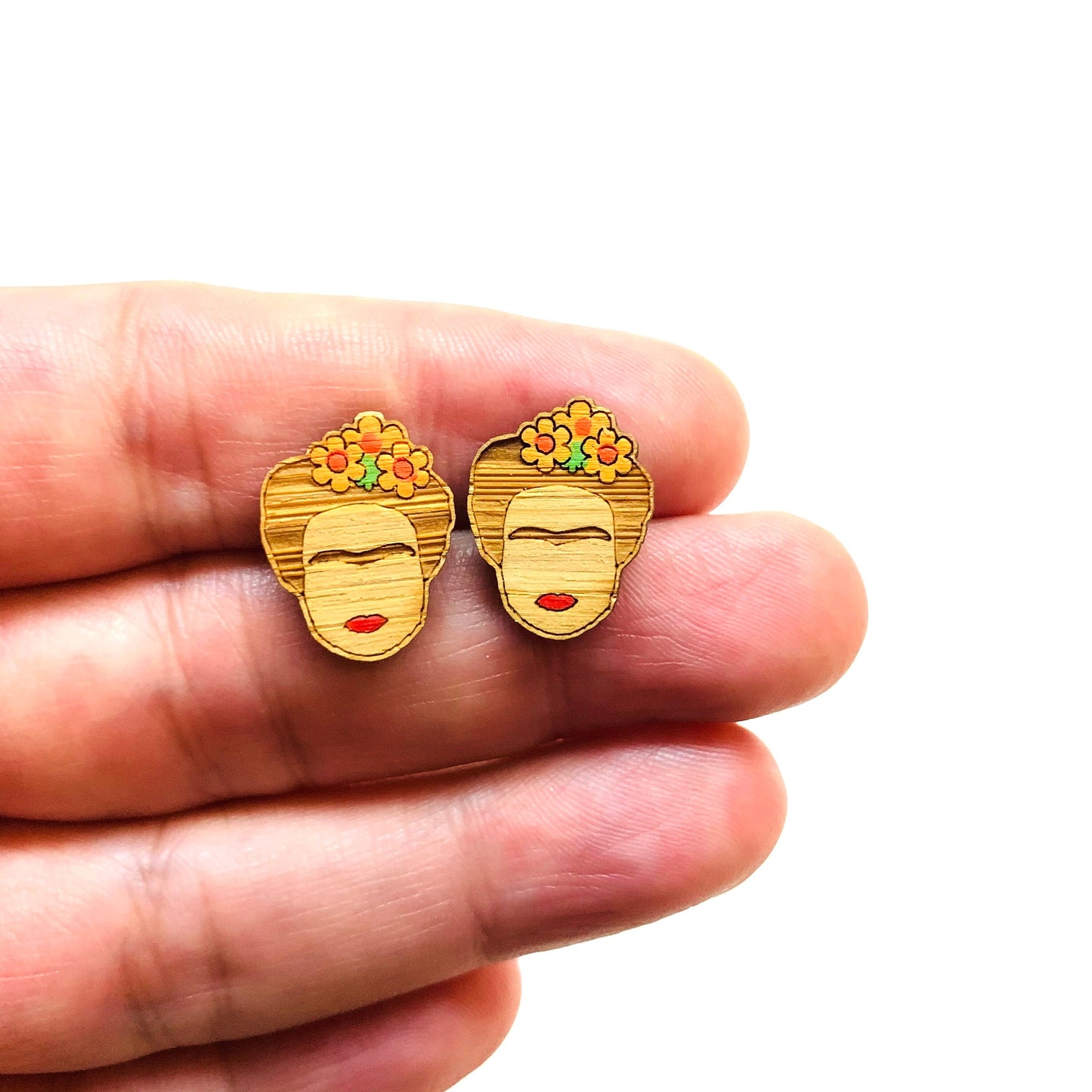 Bamboo Frida Earrings Hand Painted Wooden Stud Frida Earrings Girl Earrrings Wearable Art Mexican Jewelry Aretes Fridalovers Birthday Gift