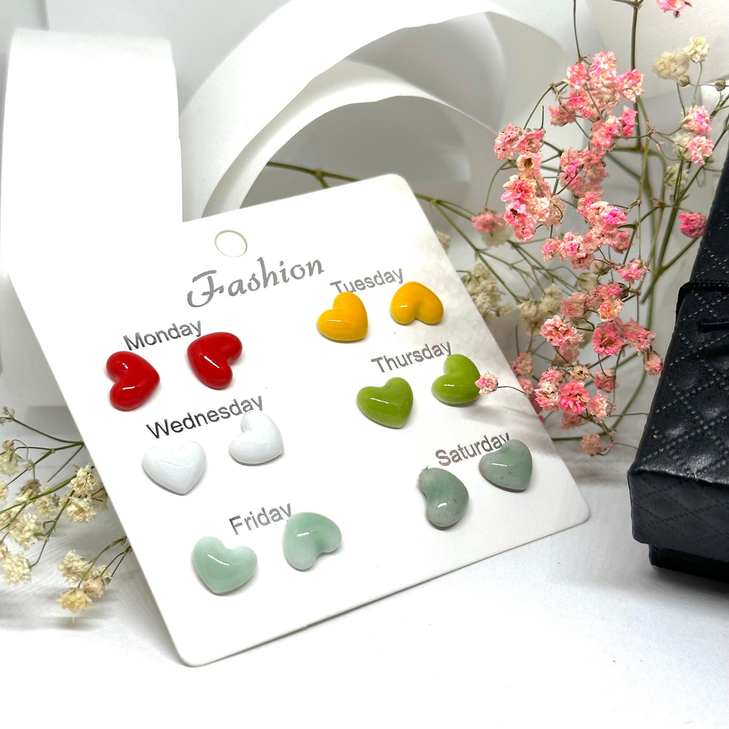 Dainty Heart Earrings Set Multi-Color Ceramic Hearts Clay Studs Mix and Match All Week Fashion Summer Casual Outfit Friends Girls Gift Idea
