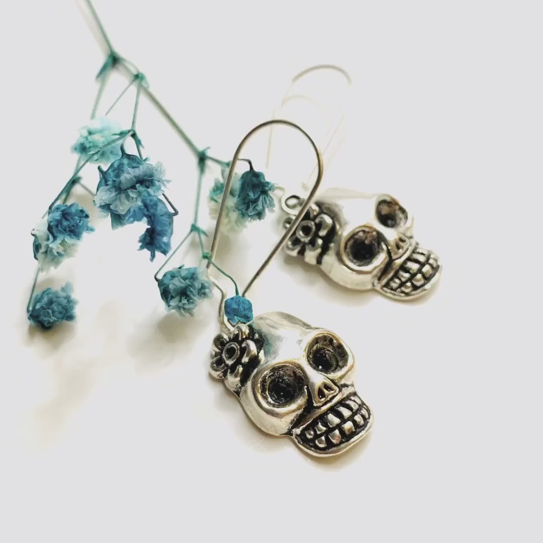 Silver Skull Earrings, Skeleton Earrings, Flowered Skull Earrings, Mexican Jewelry Skull with Flower Earrings, Women Earrings, Girl Earrings