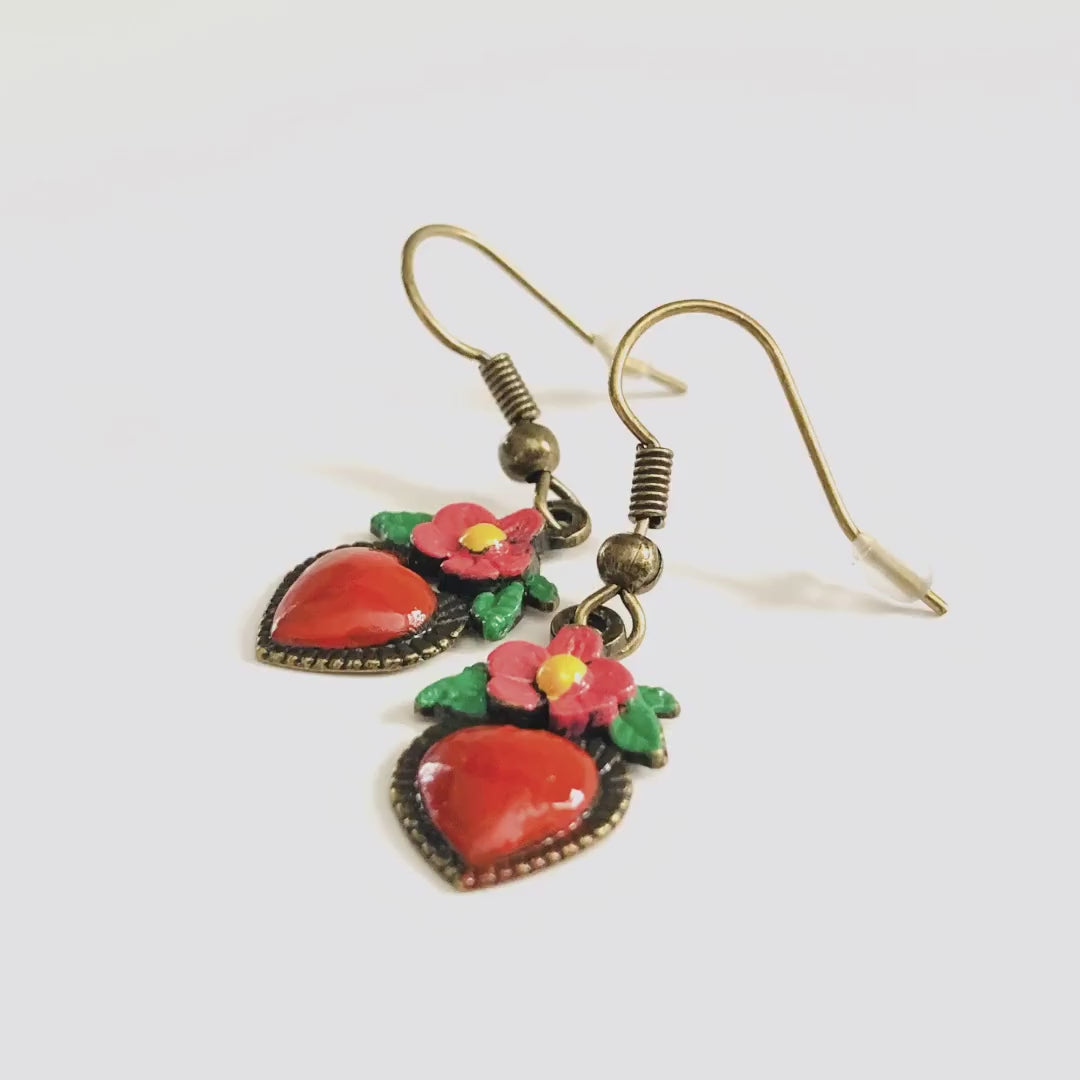 Frida Earrings, Heart Earrings, Hand Painted Heart Earrings, Silver HandPainted Heart Earrings, Mexican Jewelry, Corazon Aretes, Heart Charm