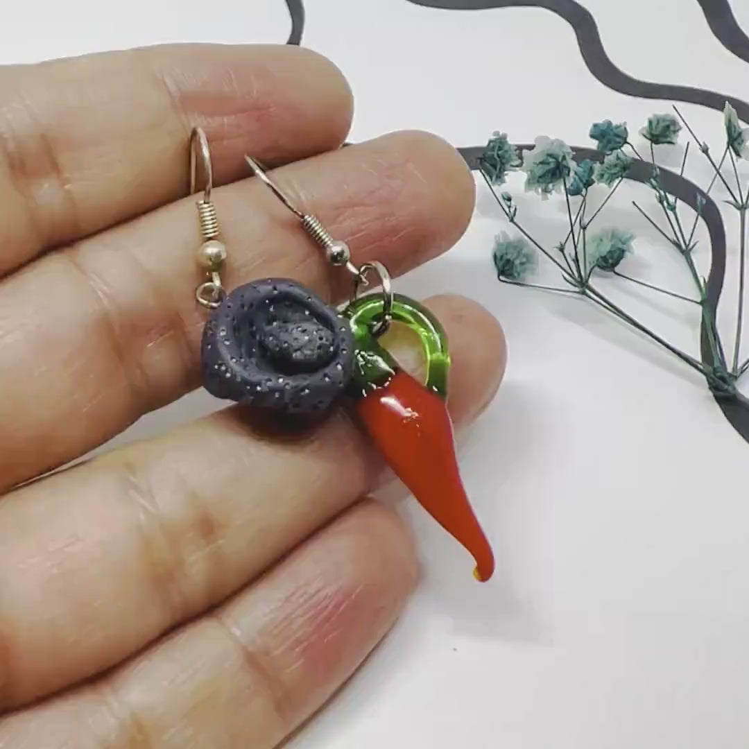 Mexican Jewelry Clay Earrings Molcajete Jalapeno Folk Art Mortar Lamp Glass Red Chili Asymmetrical Drop and Dangle Earrings Women Girls Gift