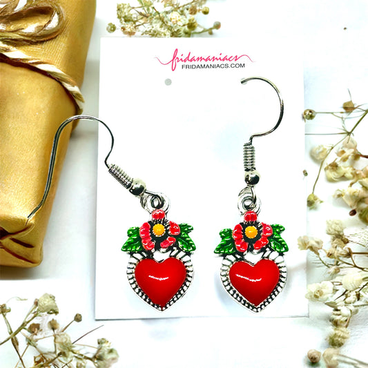 Flowered heart enamel earrings. Small red heart with pink flowers with yellow center and green leaves. Gorgeous Frida Kahlo inspired earrings. Mexican earrings. Mexican jewelry for girls and women. Drop and dangle.