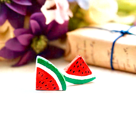 Clay Watermelon Triangle earrings. Watermelon clay earrings. Handmade and handpainted by Mexcian artisans. Mexican earrings. Mexican clay jewelry. Stud clay food jewelry for girls and women. Mexico folk art to wear by Claywelry.