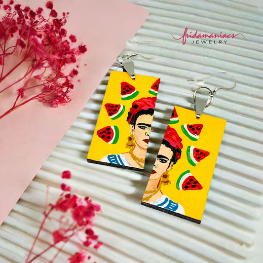 Frida Kahlo viva la vida watermelon earrings. Mexican earrings. Mexican jewelry. Hand painted earrings uniquely designed by Mexico artisan jewelry for fridamaniacs, fridalovers, fridamania, frida fans women and girls. Gorgeous and original gift idea.