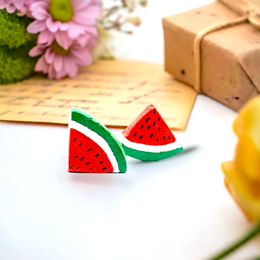 Watermelon Earrings. Clay watermelon stud earrings  painted by hand and made by hand. Mexican artisan clay jewelry. Mexican earrings. Mexican clay jewelry for women and girls. Summer fashion for girls.