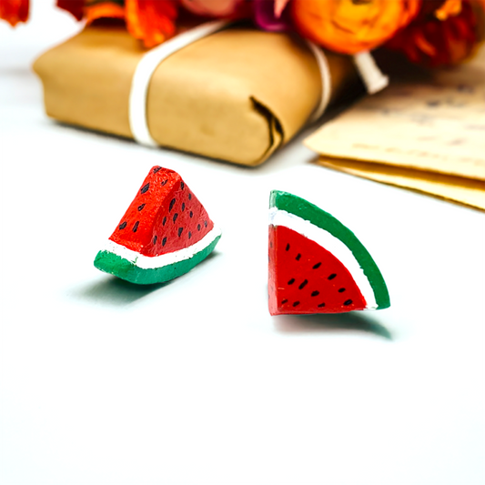 Watermelon Earrings. Clay watermelon stud earrings painted by hand and made by hand. Mexican artisan clay jewelry. Mexican earrings. Mexican clay jewelry for women and girls. Summer fashion for girls.