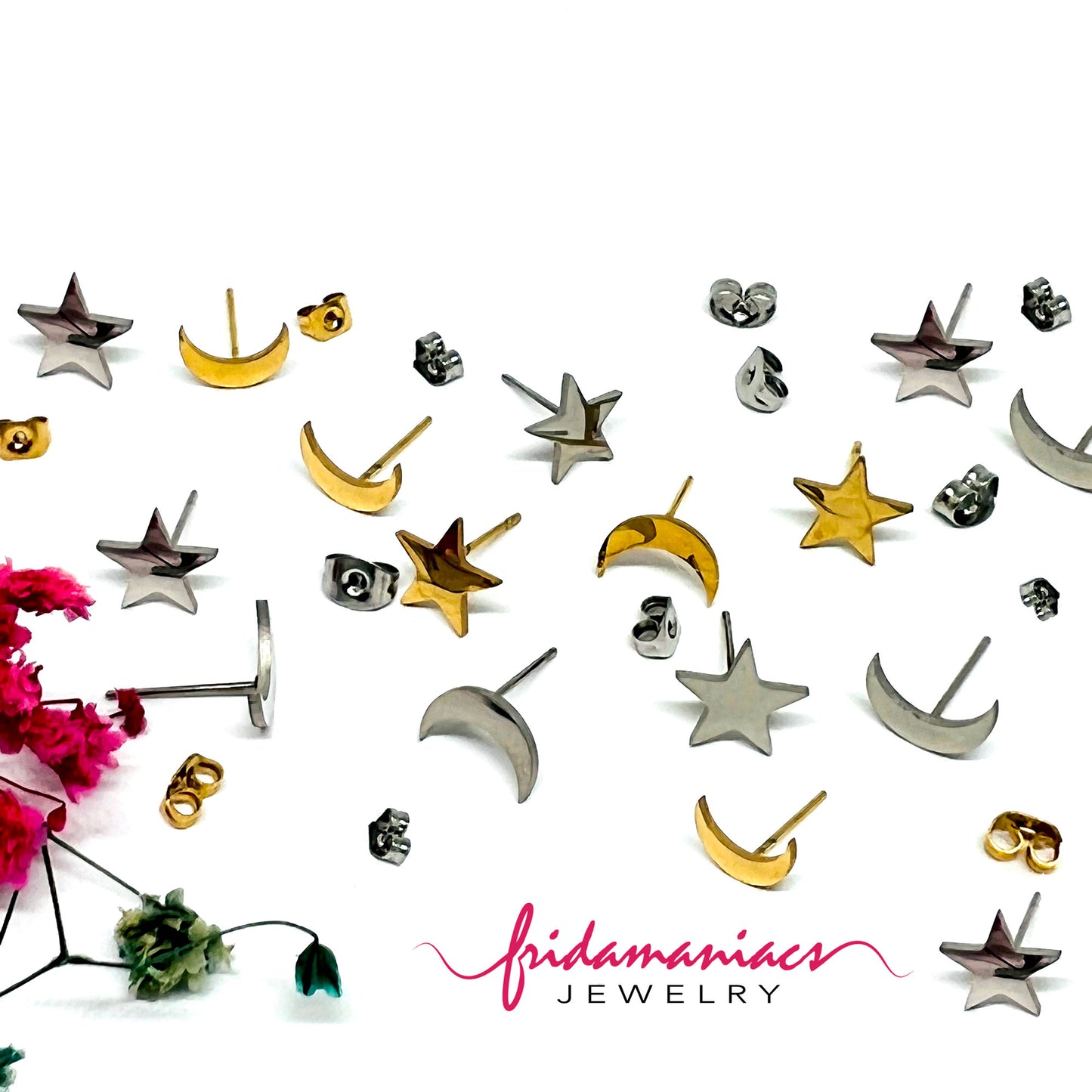 Moon and Star Mini Stud Earrings for women and girls. Summer gift for fridalovers by fridamaniacs. Frida Kahlo jewelry and accessories. Mexican Silver