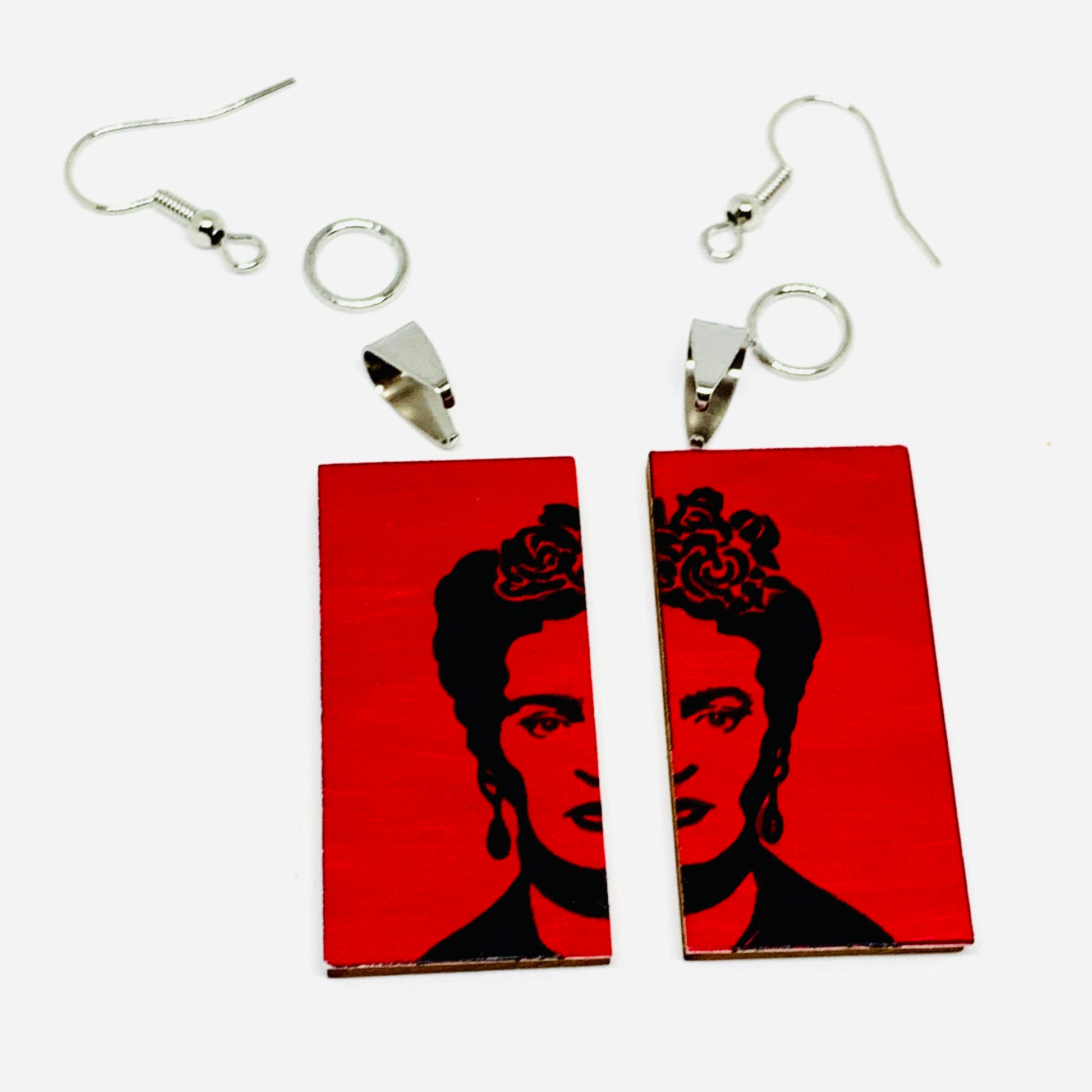 Frida Kahlo inspired earrings made of wood and hand painted. Stencil style art to wear. Red and Black. Trendy women and girls fashion. Mexican jewelry