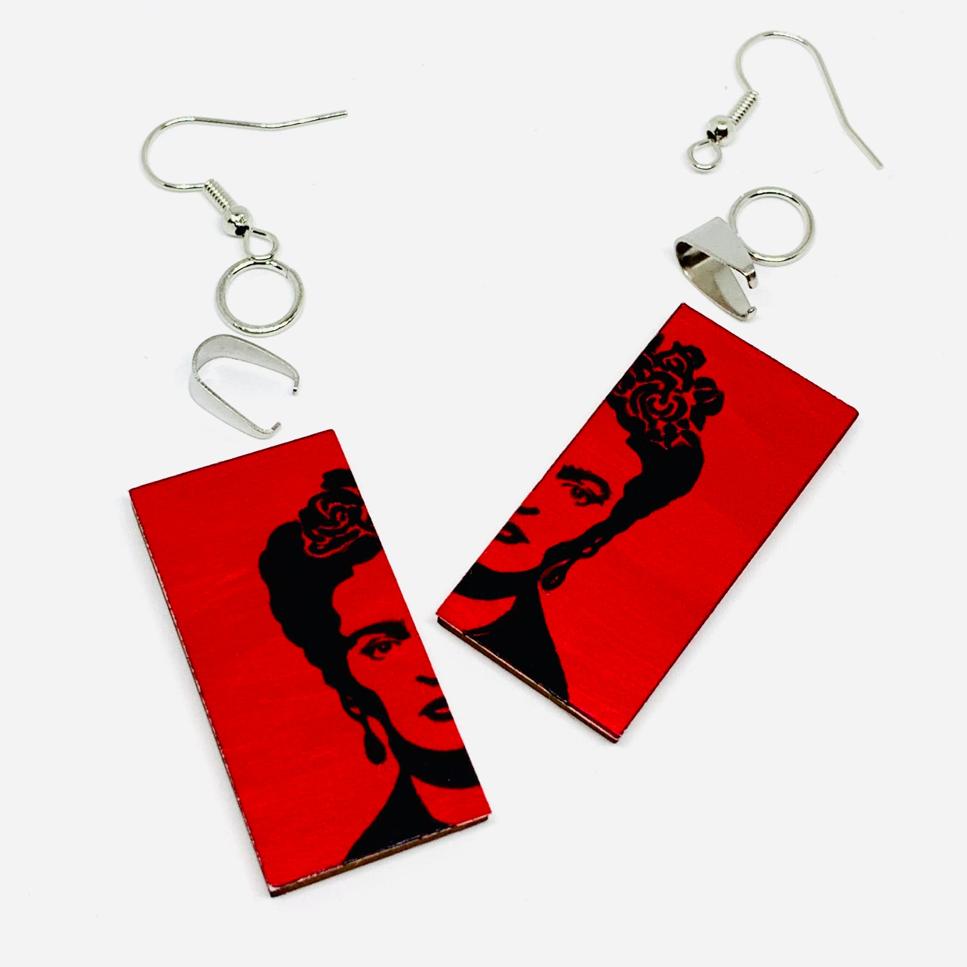 Frida Kahlo inspired earrings made of wood and hand painted. Stencil style art to wear. Red and Black. Trendy women and girls fashion. Mexican jewelry