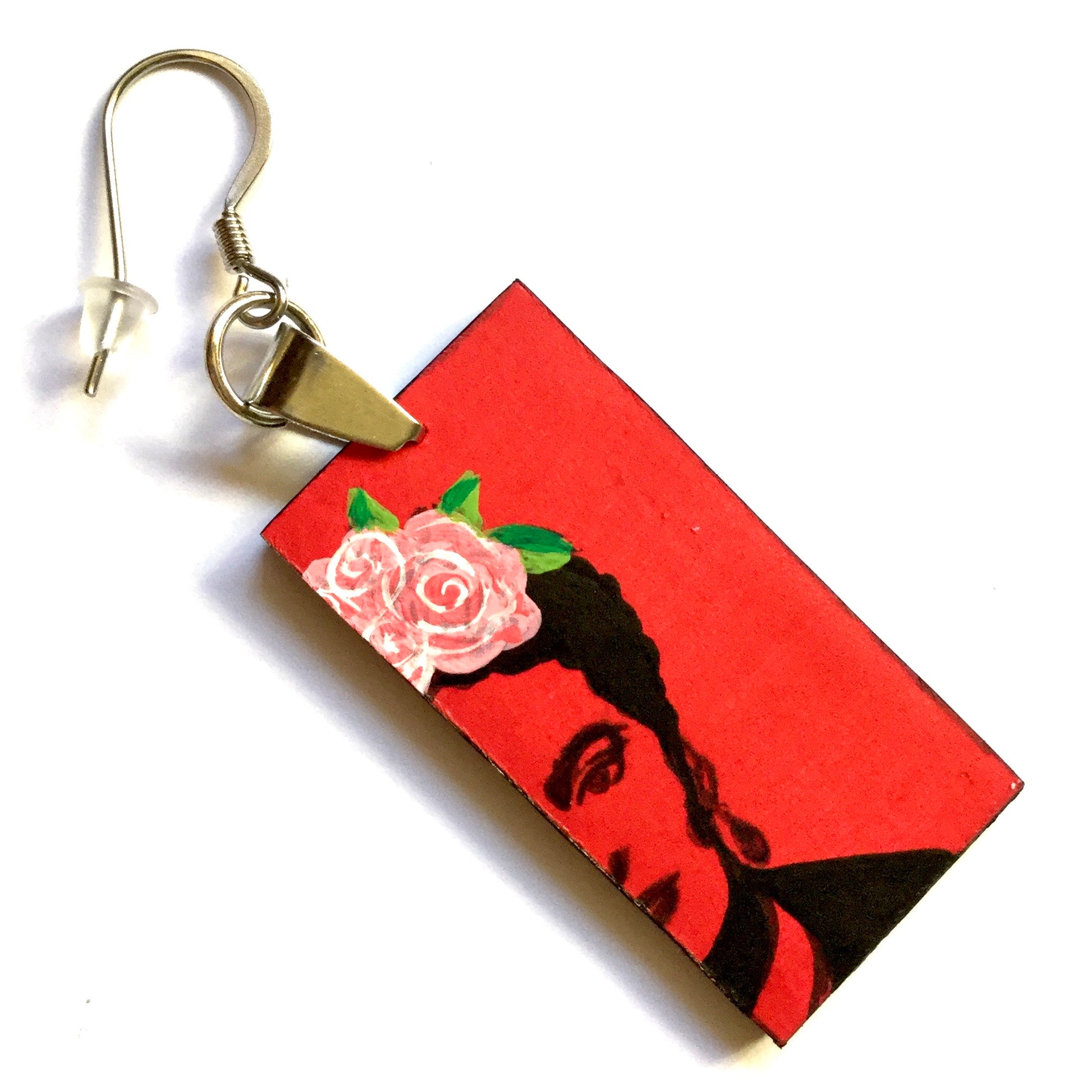 Frida Kahlo Hand Painted Red Stencil Art to Wear Pink roses. Mexican Jewelry. Joyeria Mexicana. Aretes Mujer