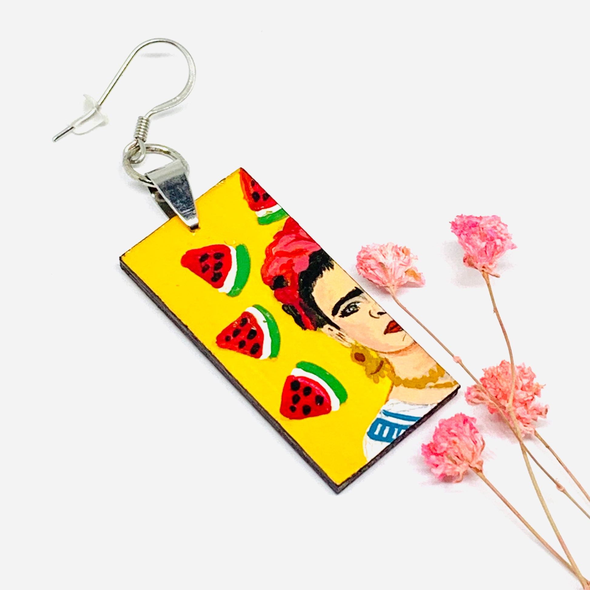 Frida Kahlo Earrings with Hand painted Mexico folk art watermelon. Mexican jewelry inspired portrait. Joyeria mexicana aretes para mujer