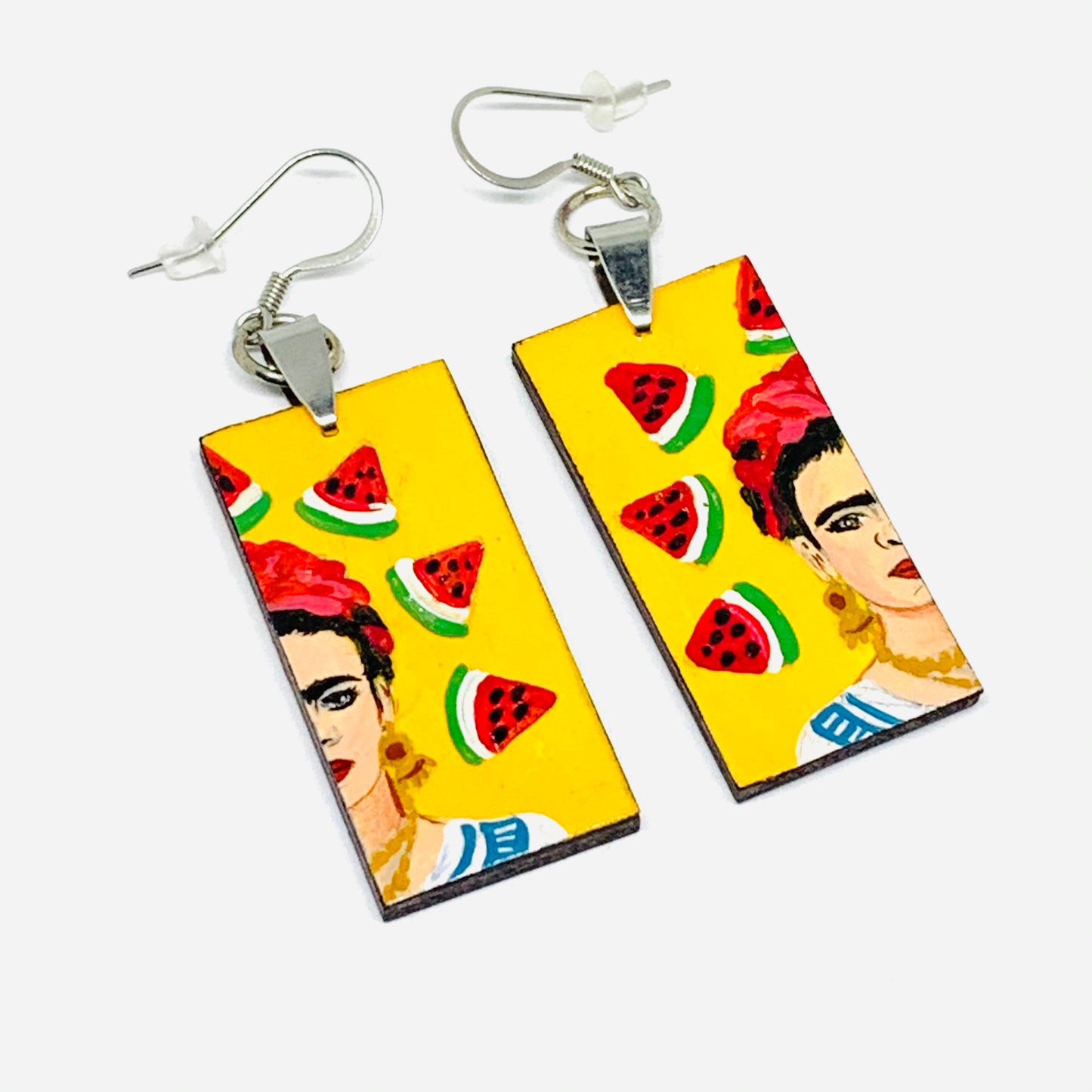 Frida Kahlo Earrings with Hand painted Mexico folk art watermelon. Mexican jewelry inspired portrait. Joyeria mexicana aretes para mujer