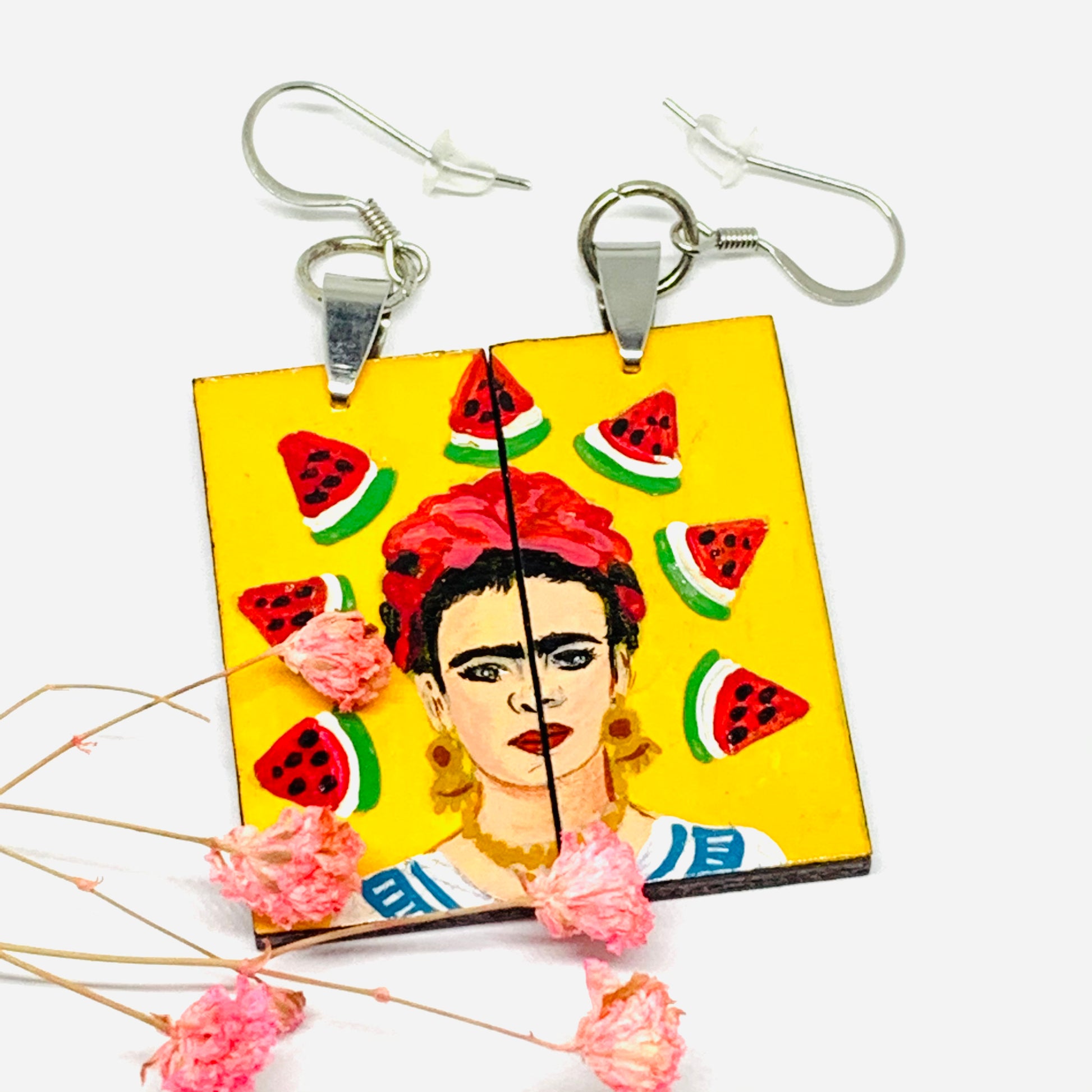 Frida Kahlo Earrings with Hand painted Mexico folk art watermelon. Mexican jewelry inspired portrait. Joyeria mexicana aretes para mujer