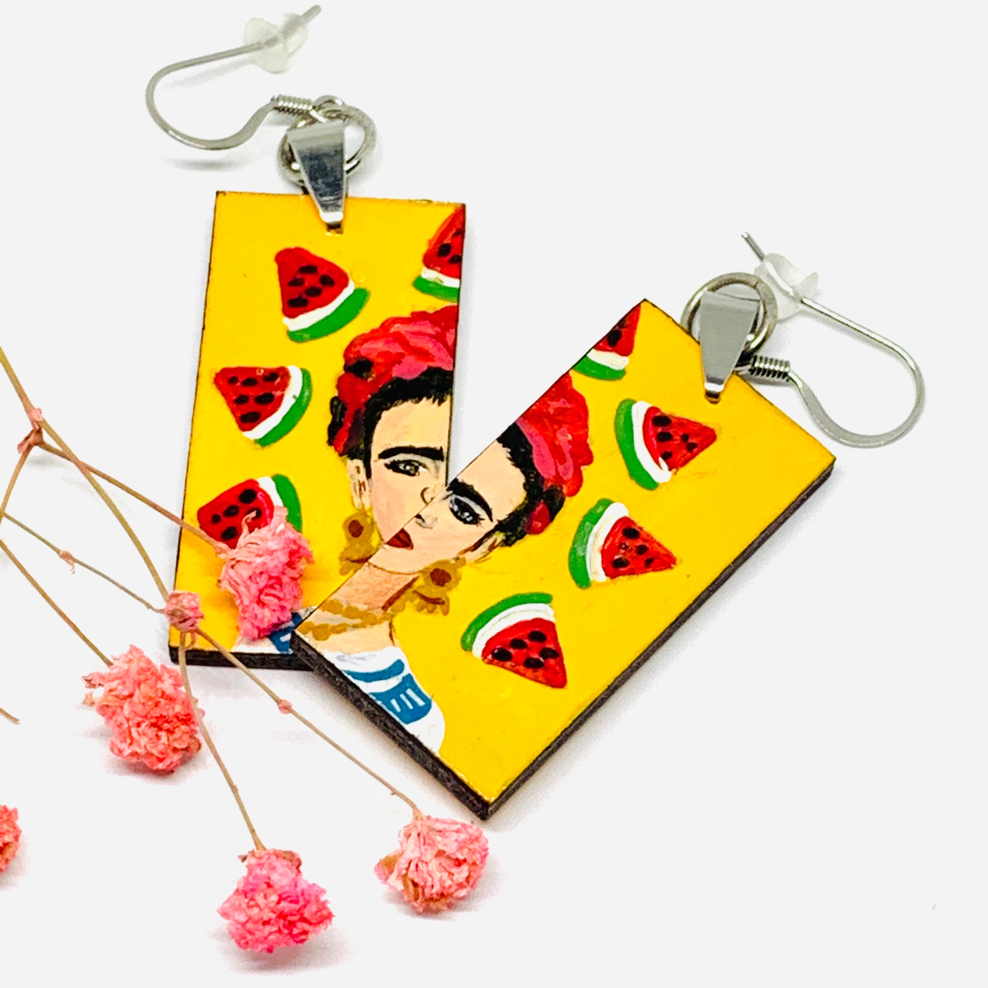 Frida Kahlo Earrings with Hand painted Mexico folk art watermelon. Mexican jewelry inspired portrait. Joyeria mexicana aretes para mujer