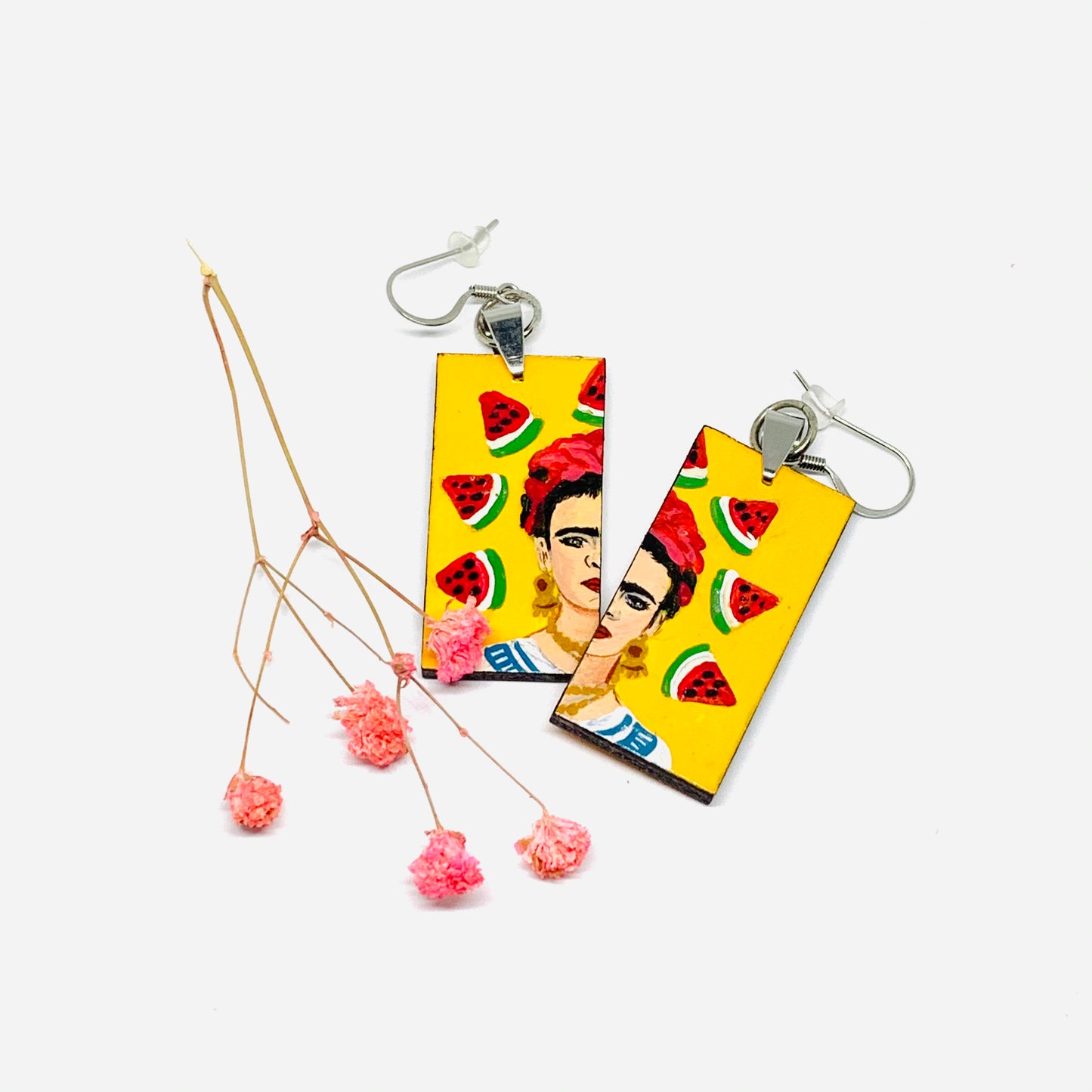 Frida Kahlo Earrings with Hand painted Mexico folk art watermelon. Mexican jewelry inspired portrait. Joyeria mexicana aretes para mujer
