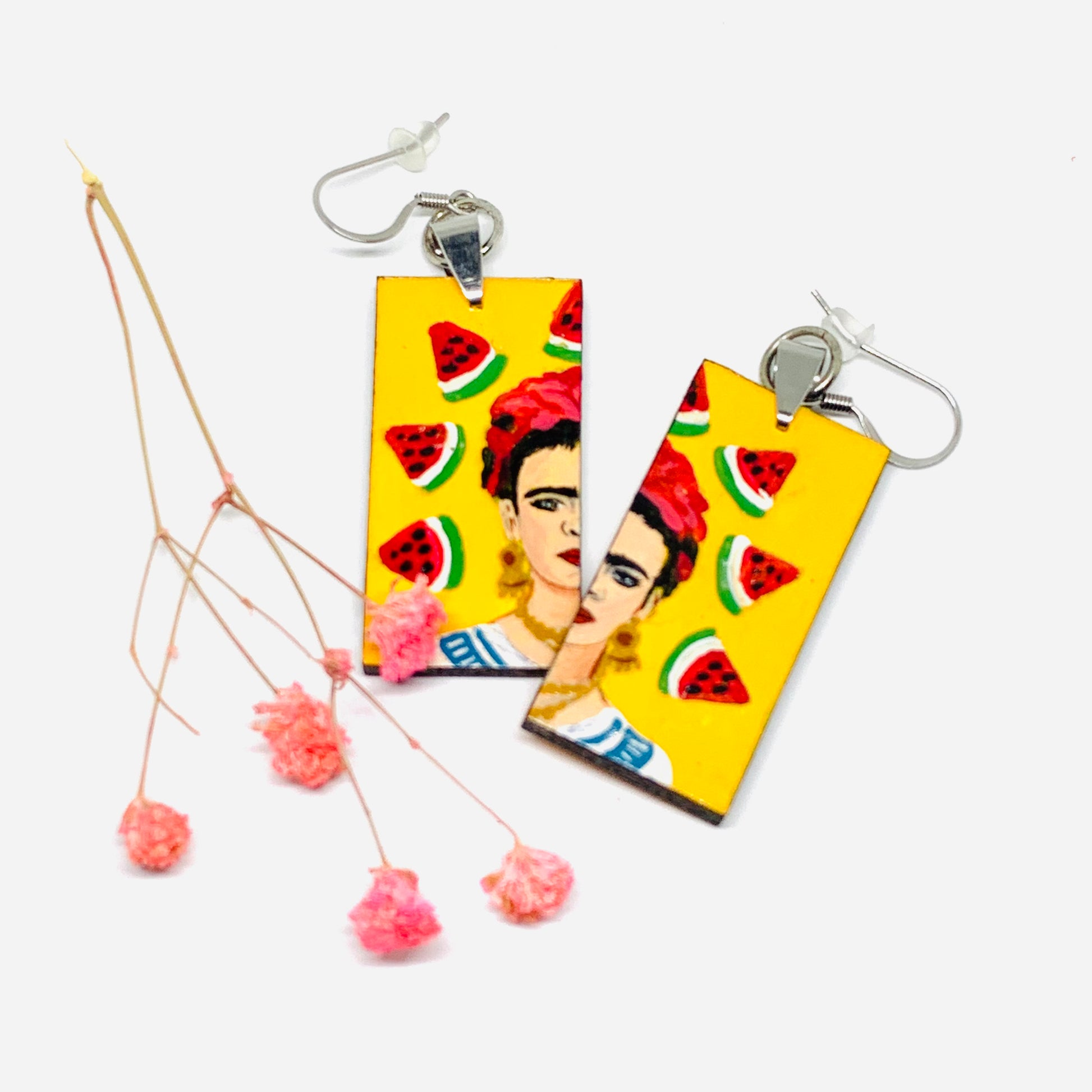 Frida Kahlo Earrings with Hand painted Mexico folk art watermelon. Mexican jewelry inspired portrait. Joyeria mexicana aretes para mujer
