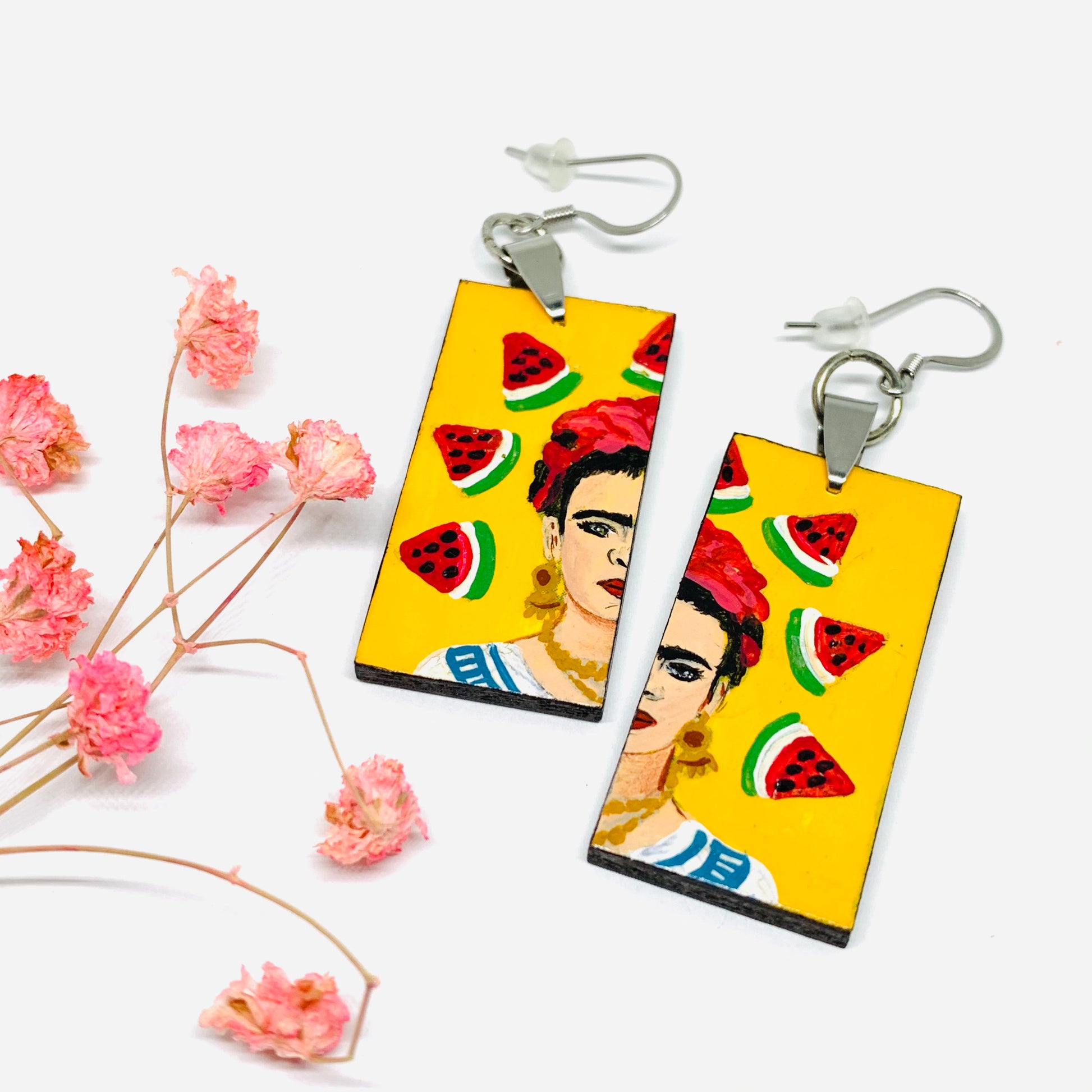 Frida Kahlo Earrings with Hand painted Mexico folk art watermelon. Mexican jewelry inspired portrait. Joyeria mexicana aretes para mujer