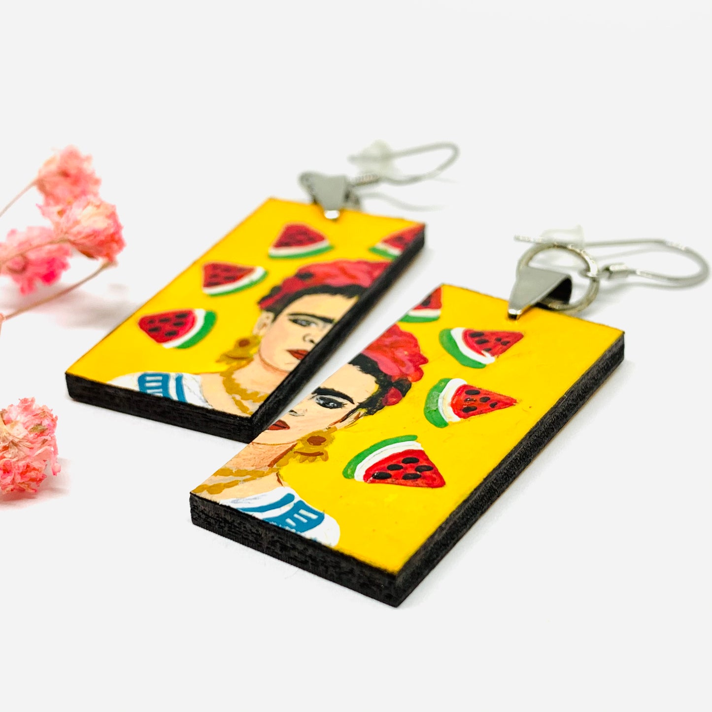 Frida Kahlo Earrings with Hand painted Mexico folk art watermelon. Mexican jewelry inspired portrait. Joyeria mexicana aretes para mujer