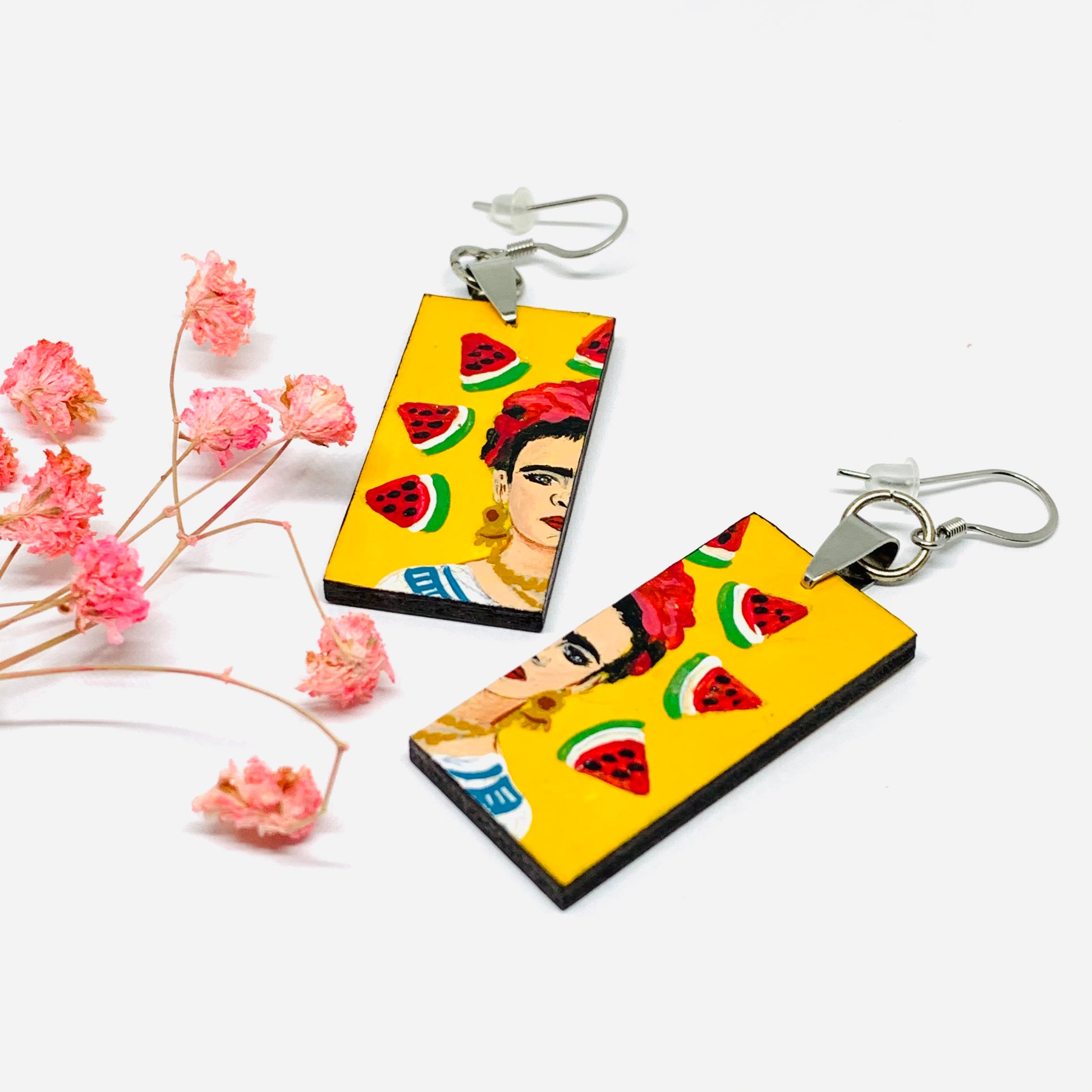 Frida Kahlo Earrings with Hand painted Mexico folk art watermelon. Mexican jewelry inspired portrait. Joyeria mexicana aretes para mujer