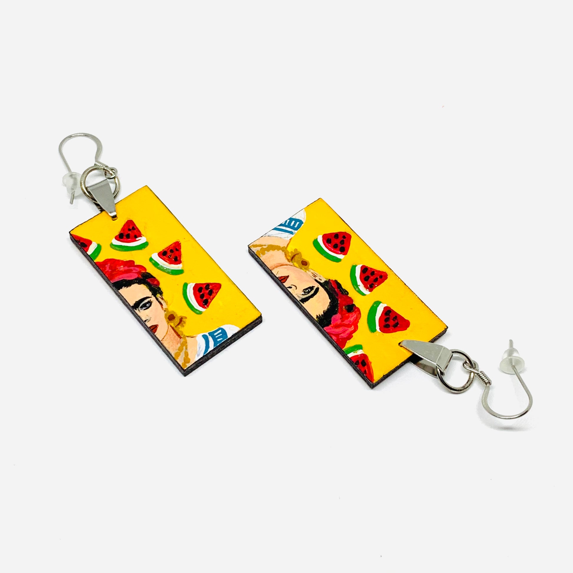 Frida Kahlo Earrings with Hand painted Mexico folk art watermelon. Mexican jewelry inspired portrait. Joyeria mexicana aretes para mujer