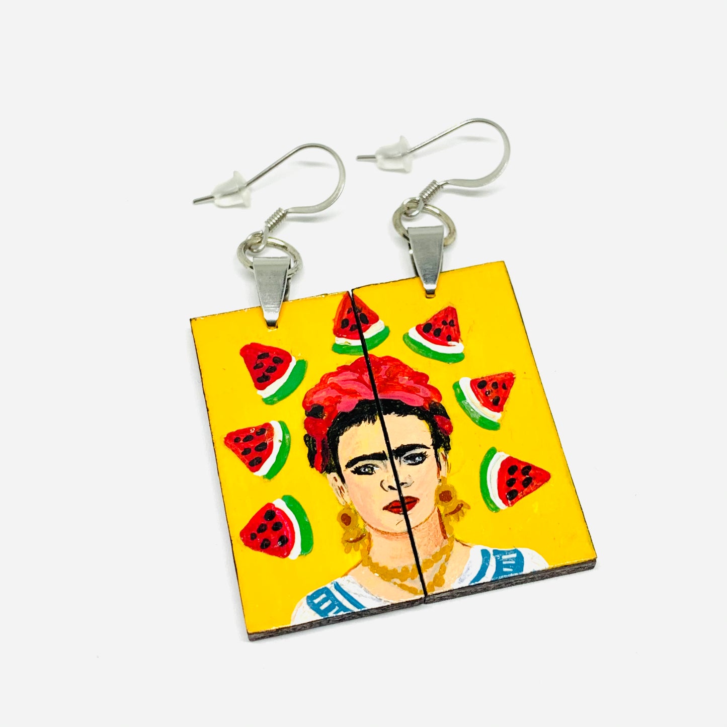 Frida Kahlo Earrings with Hand painted Mexico folk art watermelon. Mexican jewelry inspired portrait. Joyeria mexicana aretes para mujer