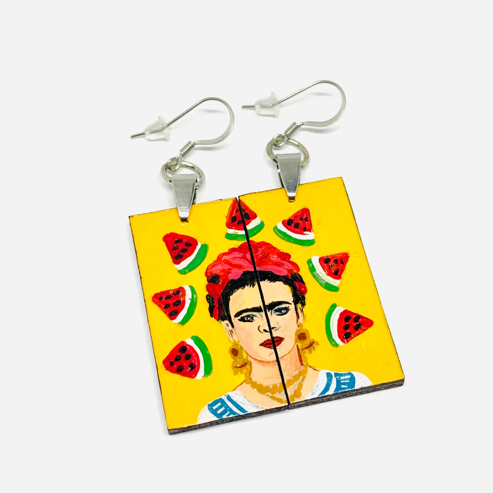 Frida Kahlo Earrings with Hand painted Mexico folk art watermelon. Mexican jewelry inspired portrait. Joyeria mexicana aretes para mujer