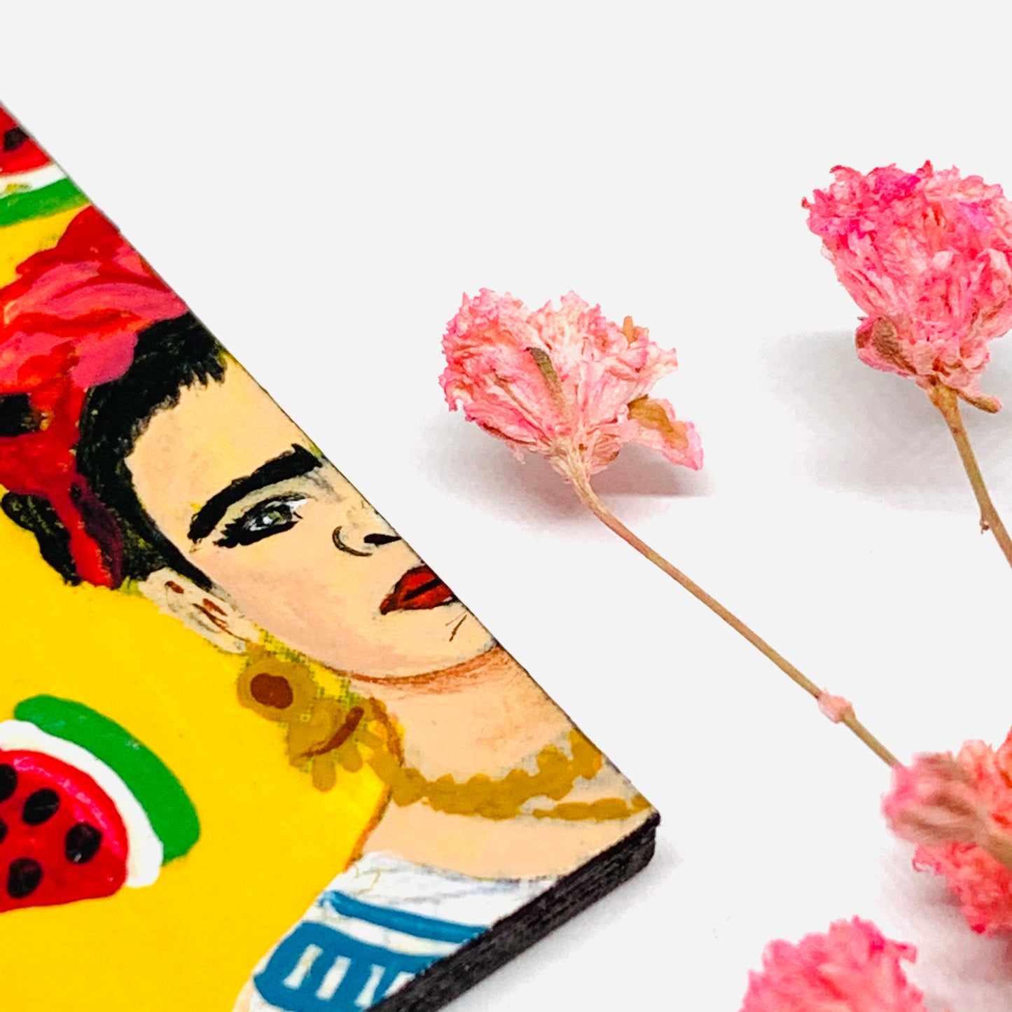 Frida Kahlo Earrings with Hand painted Mexico folk art watermelon. Mexican jewelry inspired portrait. Joyeria mexicana aretes para mujer