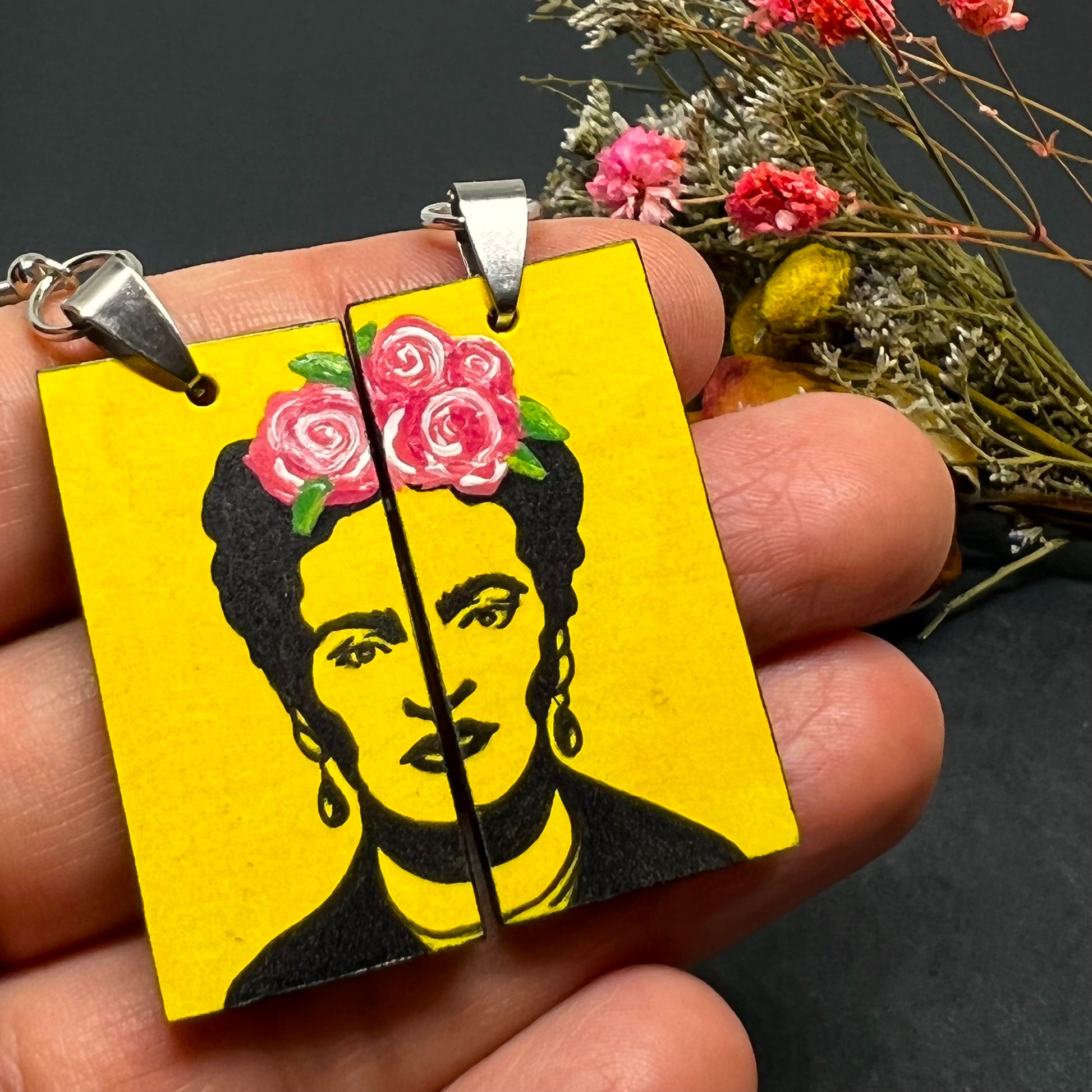 Frida Kahlo Stencil Art with Yellow Background and Hand Painted Pink Roses. Wearable art for girls. Cute and original gift idea. Floral jewelry inspired Mexican Artist and Mexico Folk Art. Aretes Frida Kahlo Amarillos con Rosas para Mujer.