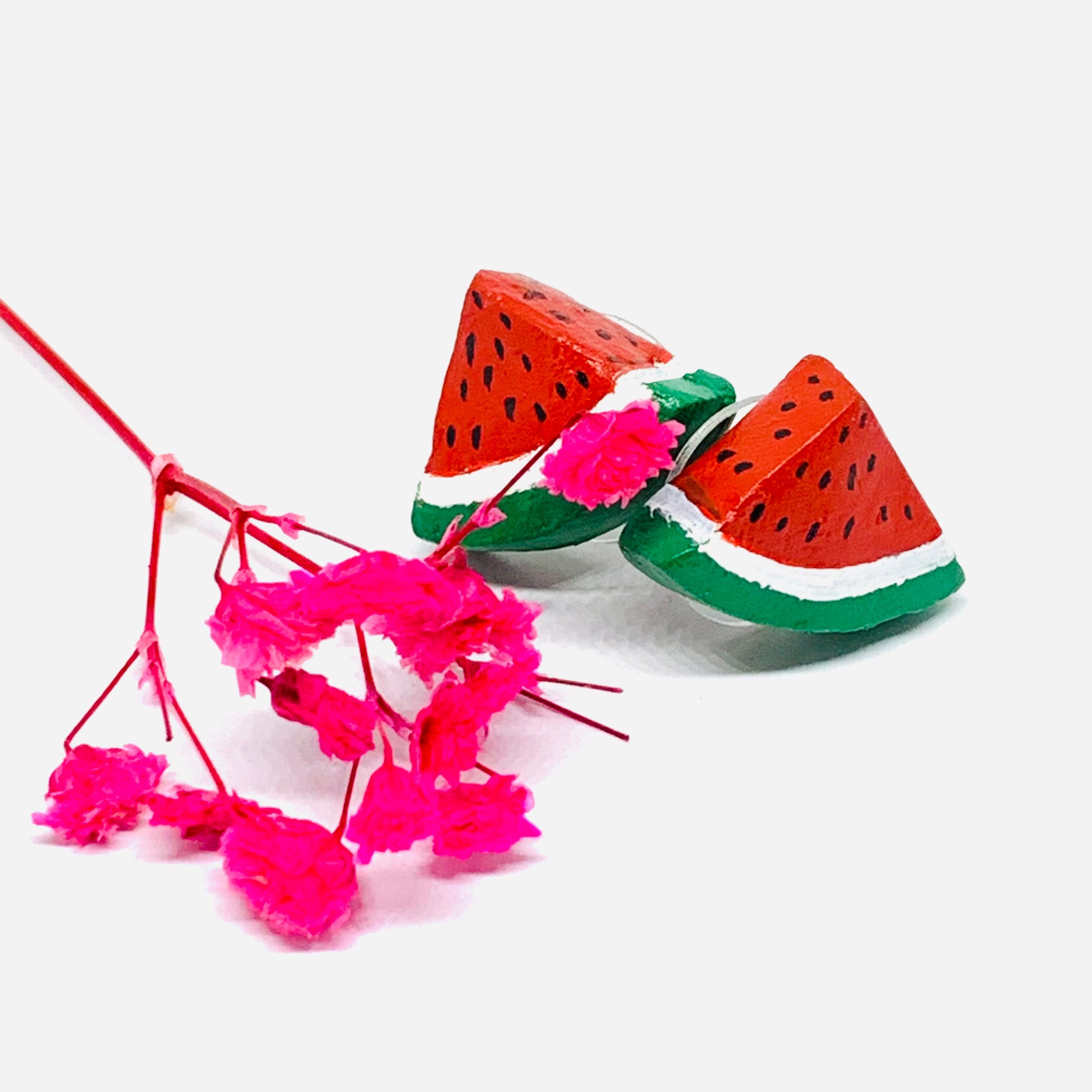 Watermelon Clay Earrings. Hand painted watermelon triangle stud earrings for girls and women. Made of natural clay. Mexican Jewelry inspired by Frida Kahlo by Fridamaniacs