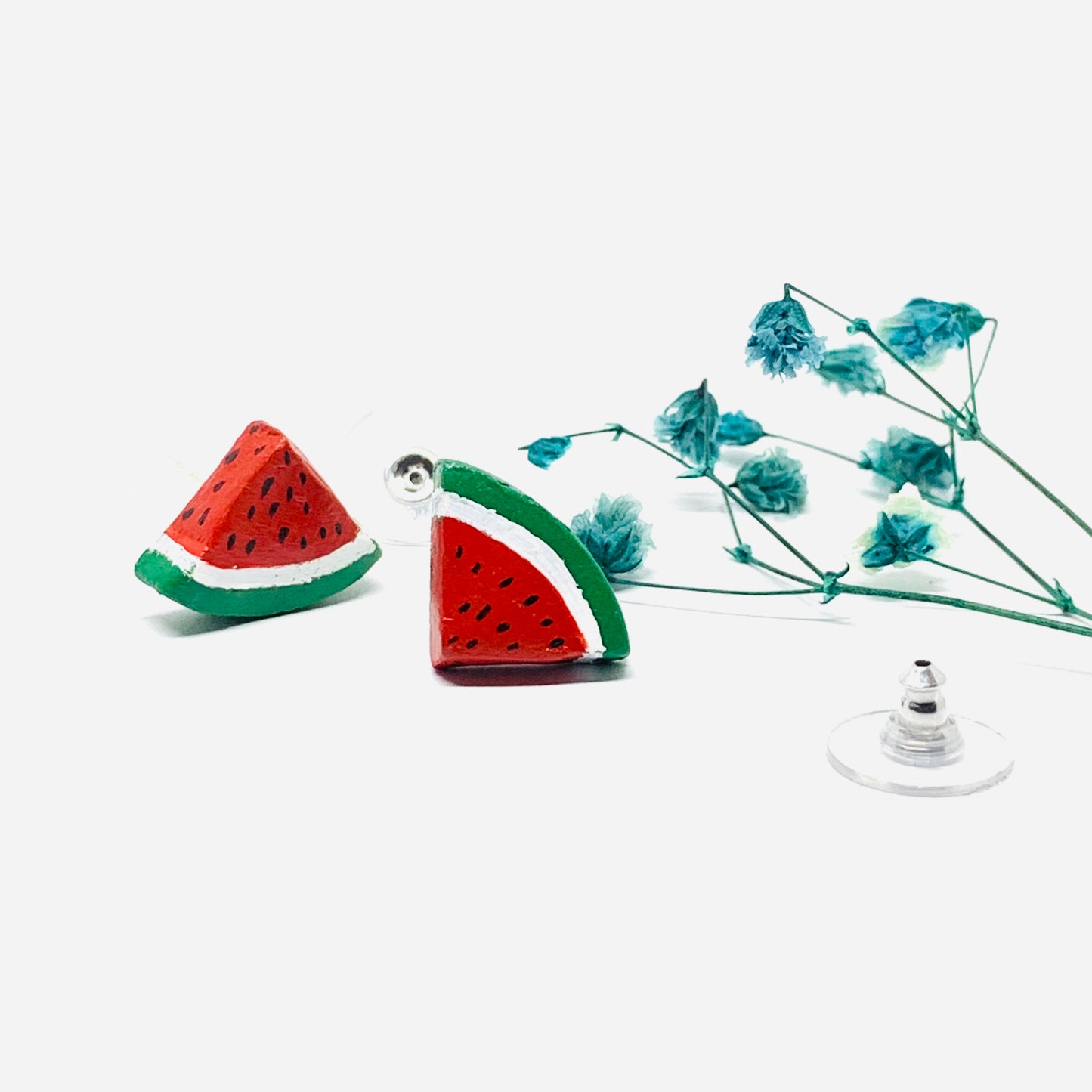 Watermelon Clay Earrings. Hand painted watermelon triangle stud earrings for girls and women. Made of natural clay. Mexican Jewelry inspired by Frida Kahlo by Fridamaniacs